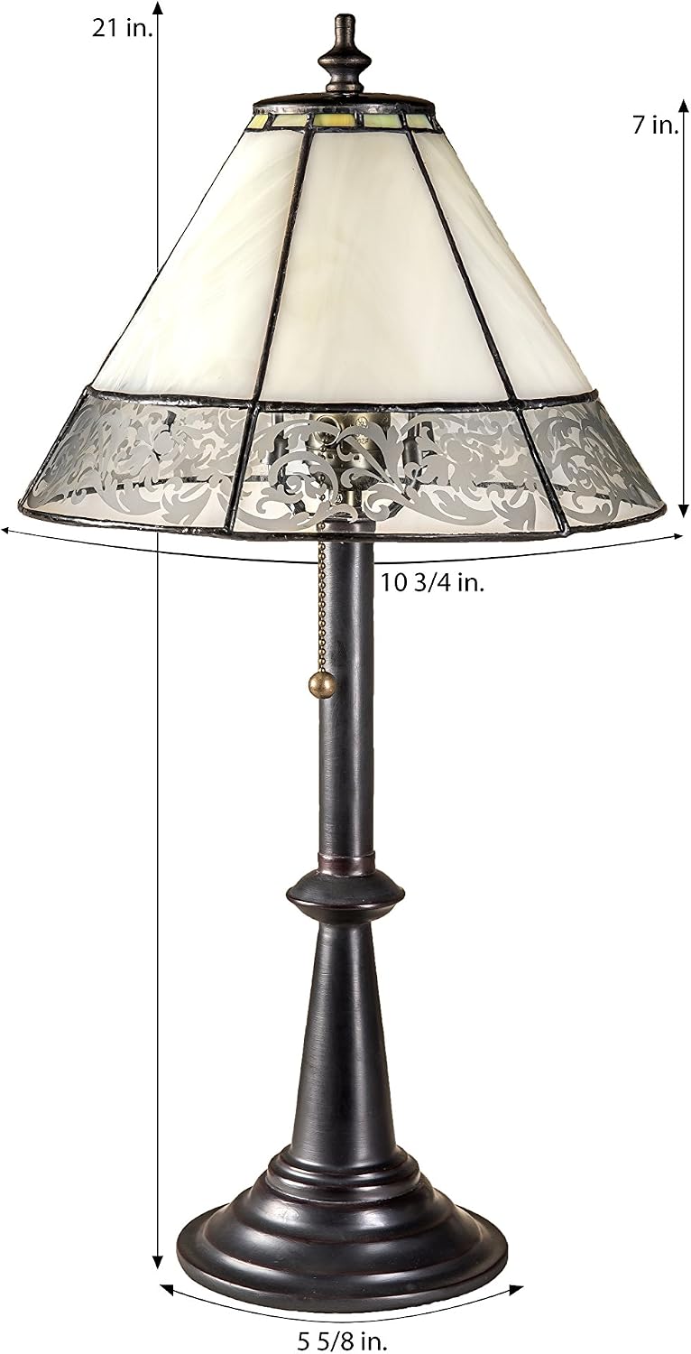 J Devlin Glass Art Lam 639 TB Tiffany Stained Glass Table Lamp Curved Ivory Opal with Etching Dresser Bedside Accent Lighting