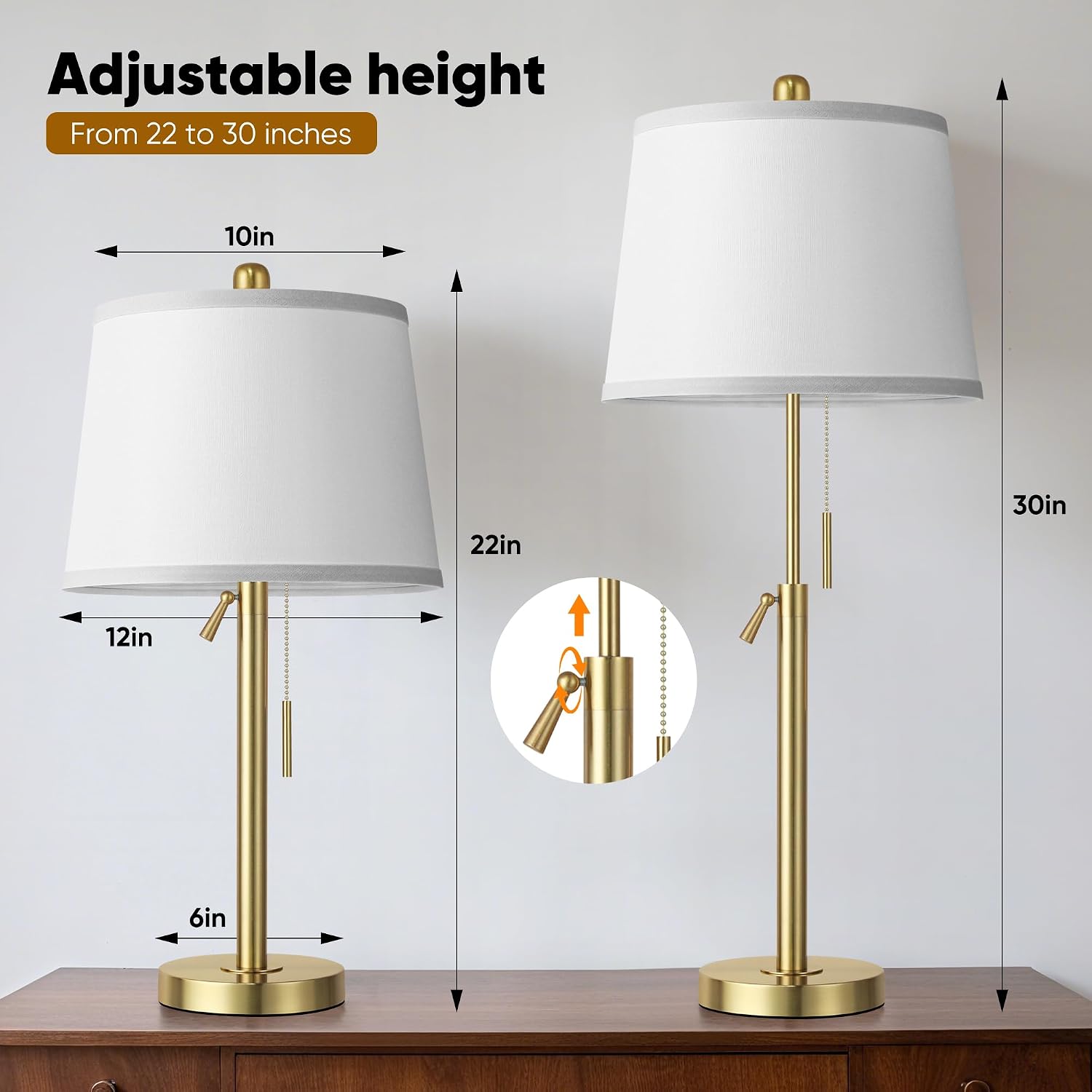 Tall Table Lamps Set of 2, Modern Gold Table Lamps with White Shade for Living Room, Height Adjustable Nightstand Lamps for Bedroom, 3…
