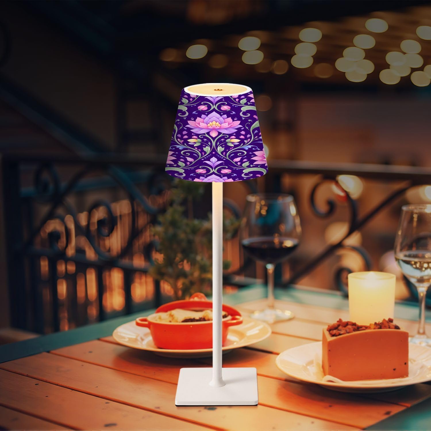 Cordless Mahjong Lamp Pink Lotus Floral Deep Purple Ornamental Vines Small LED Lamp 3 Color Dimmable Rechargeable Lamps for Mah Jong…