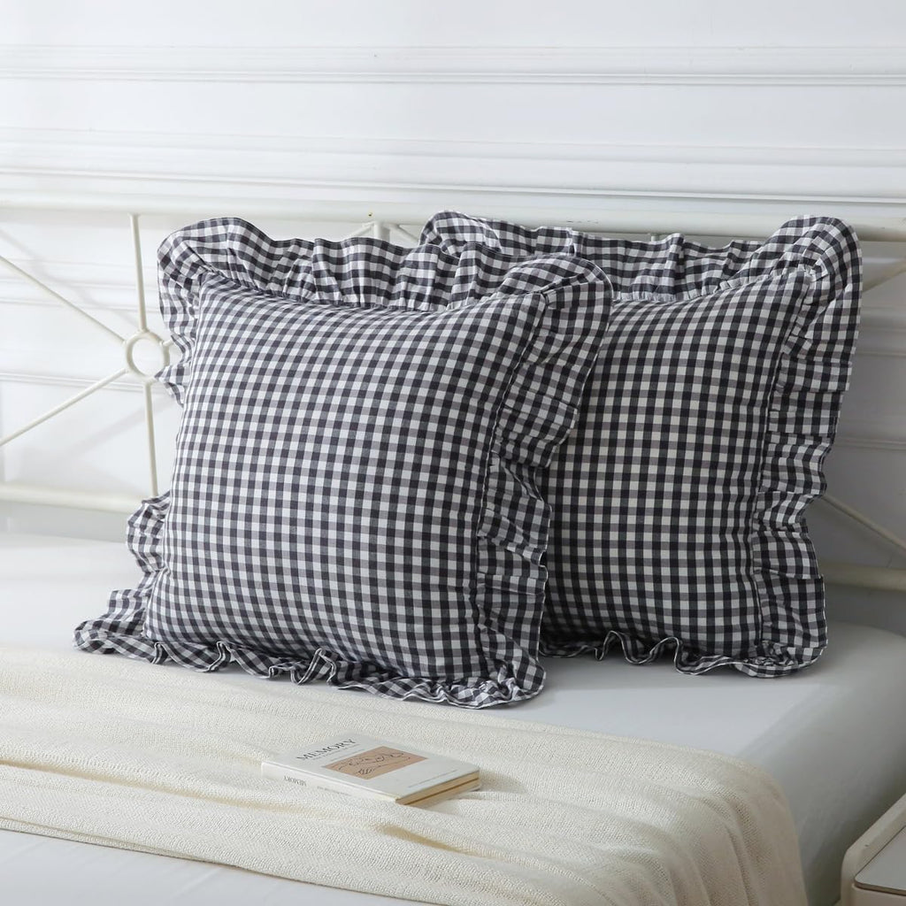 Mywinlle Black/White Plaid Ruffle Throw Pillow Covers Set of 2, Checkered Washed Cotton Gingham Decorative Pillow Shams Farmhouse Pillowcase…
