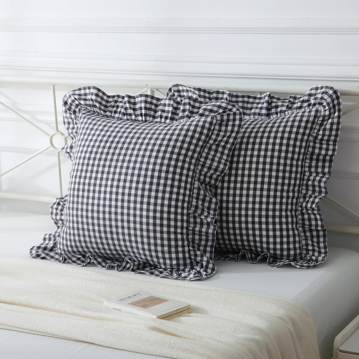 Mywinlle Black/White Plaid Ruffle Throw Pillow Covers Set of 2, Checkered Washed Cotton Gingham Decorative Pillow Shams Farmhouse Pillowcase…