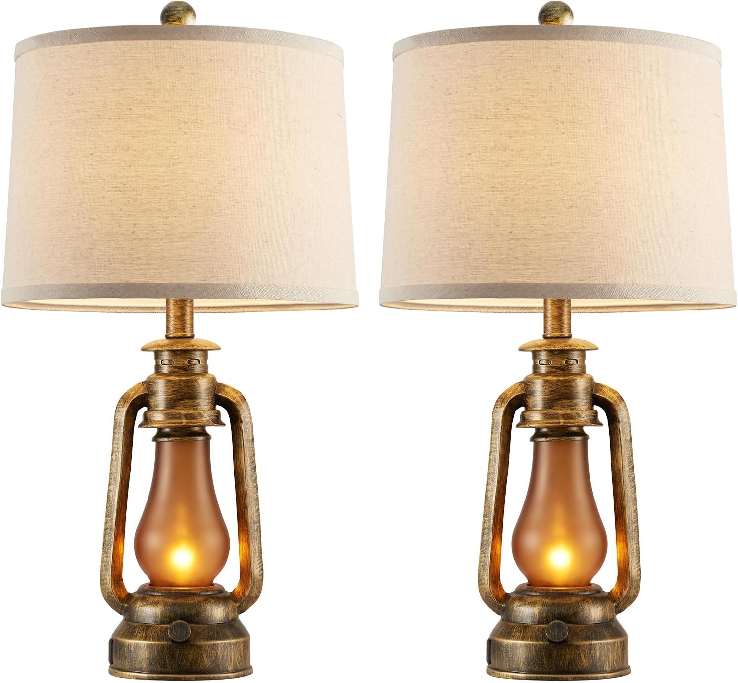 25" Set of 2 Rustic Lantern Table Lamps for Living Room Bedroom, 2 USB Ports Farmhouse Vintage Bedside Desk Lamp Nightlight for Entryway…