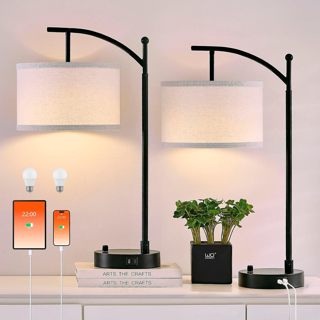Table Lamp for Living Room Bedroom, 23.5" Table Lamps Set of 2 with USB C+A Ports, Bedside Lamps for Nightstand with Linen Lamp Shades, 2…