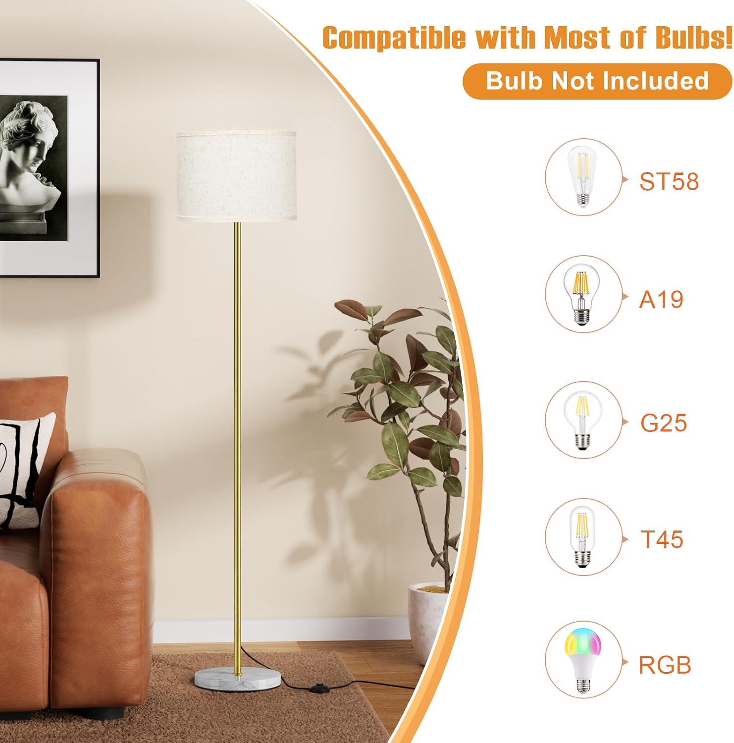 Ambimall 60'' Modern Floor Lamp with Shade, Tall Lamps for Living Room, Bedroom, Office, Dining Room, Gold Standing Lamp with Marble Base(W…