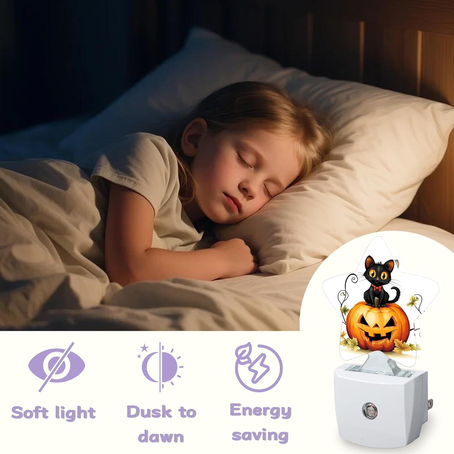 Nightlight, Black Cat Decorative Night Lights Plug Into Wall, Halloween Pumpkin Night Light with Auto Sensor for…