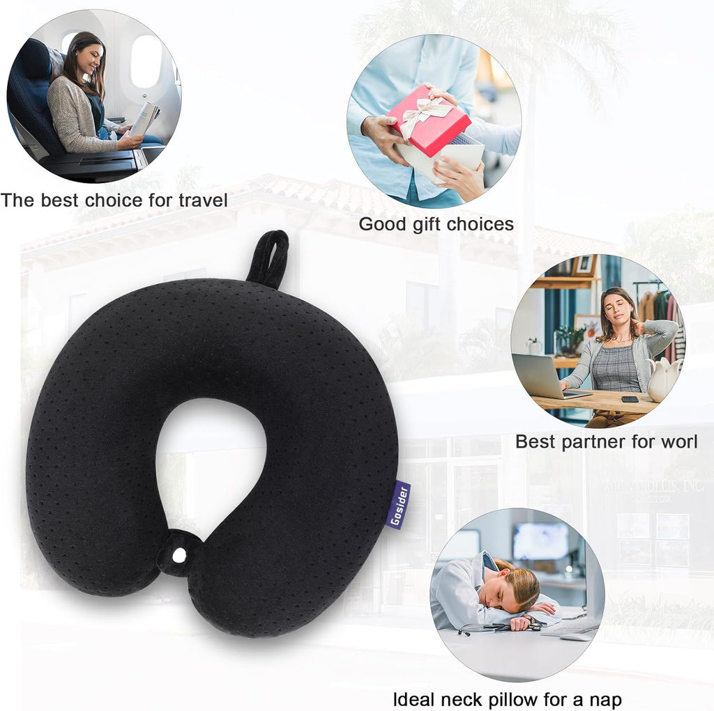 Black Travel Neck Pillow Memory Foam Airplane Pillow for Neck and Head Support Soft Portable U Shape Neck Pillow for Plane, Car & Home…