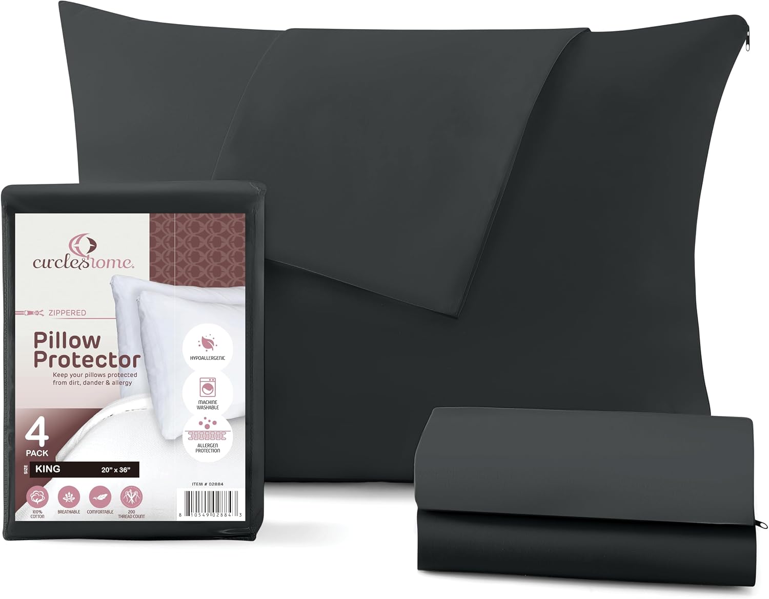 CirclesHome Pillow Protectors 4 Pack King Zippered - 100% Cotton Breathable Pillowcases - Protects Pillows from Dirt, Dust and Debris (King…