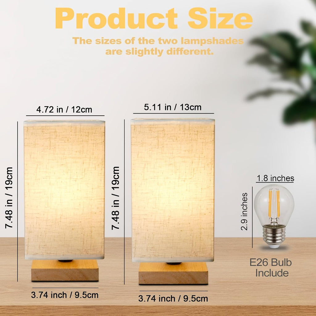 Small Square Bedside Table Lamp for Bedroom set of 2, Minimalist Wood Base & Round Fabric Shade, Mini Cute Cozy Warm Nightstand Boho Lamp…