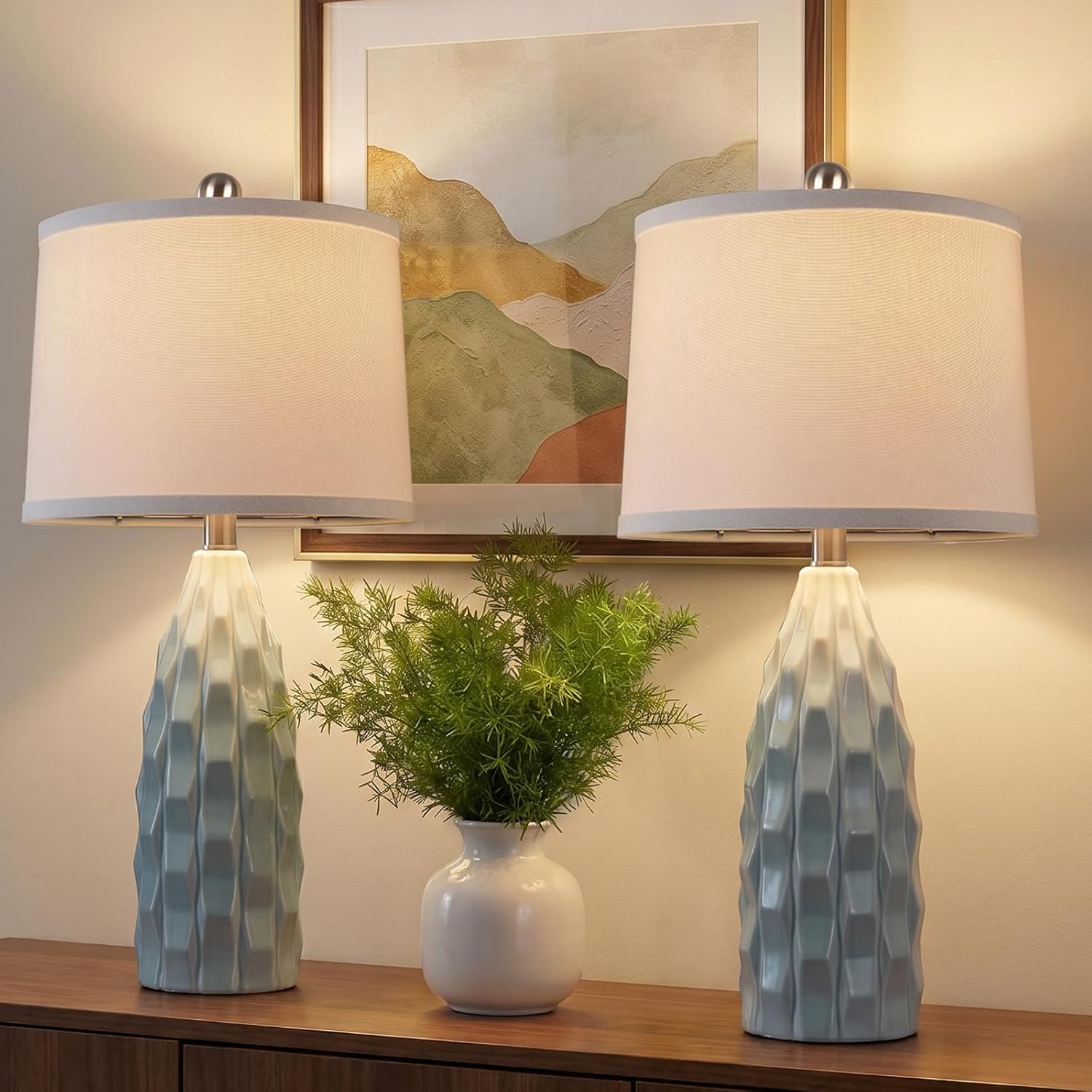 WIHTU Creamic Table lamp Set of 2, Modern 3 Color Temperature Beside Lamp for Living Room, 24" Farmhouse Nightstand Lamps with Linen…