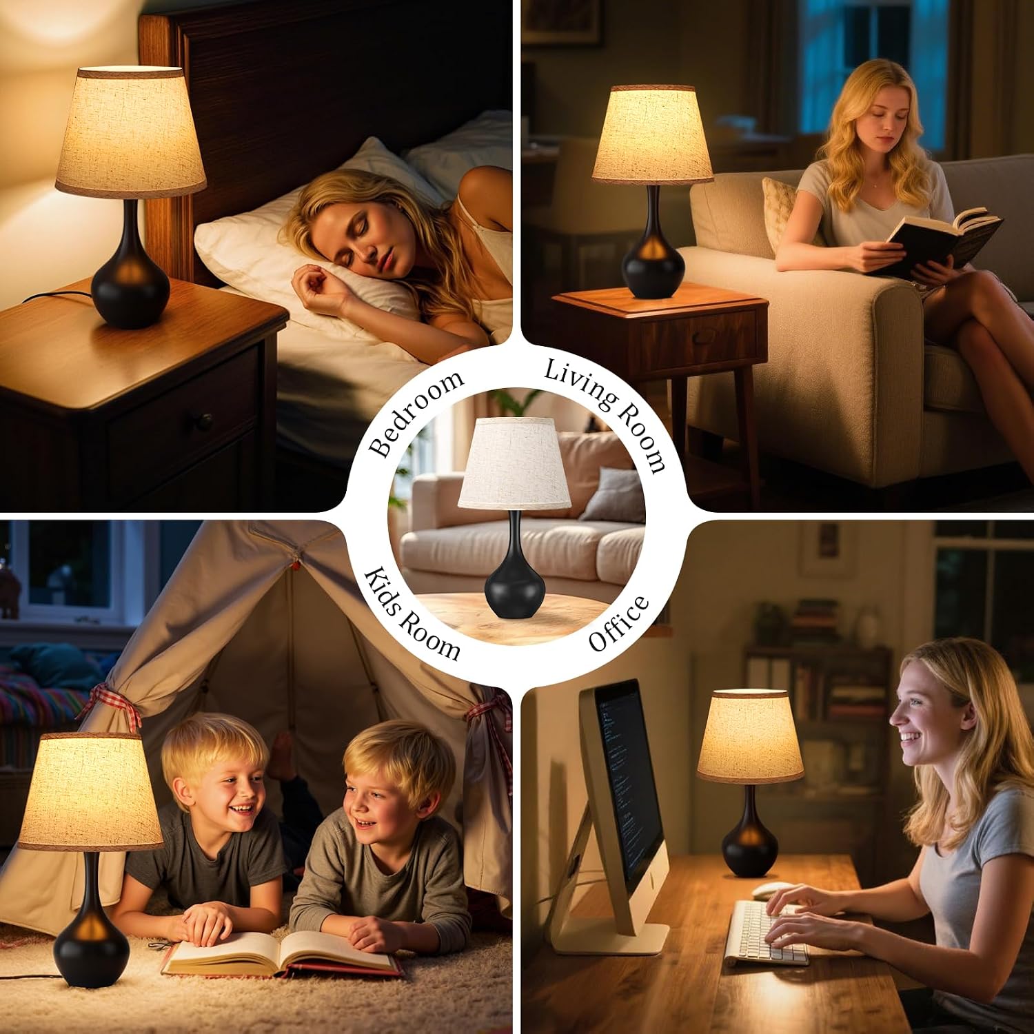 Seealle Touch Table Lamps for Bedroom Set of 2,3-Way Dimmable Small Bedside Lamps for Night Stands with Wires, Black Desk Lamps for Kids…