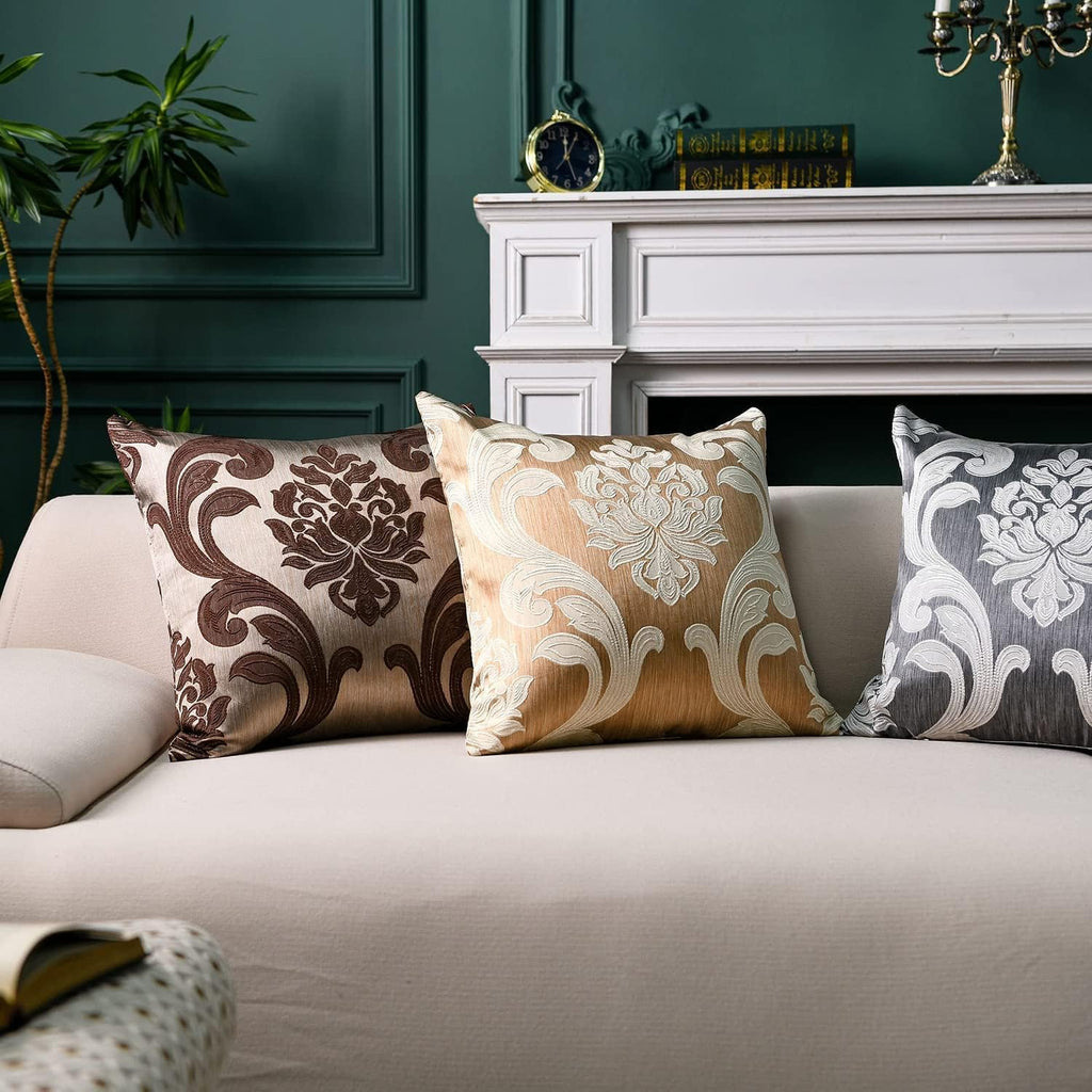 NAPEARL Throw Pillow Covers-Set of 2 Brown Beige Damask Jacquard Patterns, Luxury Satin Decorative Pillowcase for Couch, Sofa, Bed…