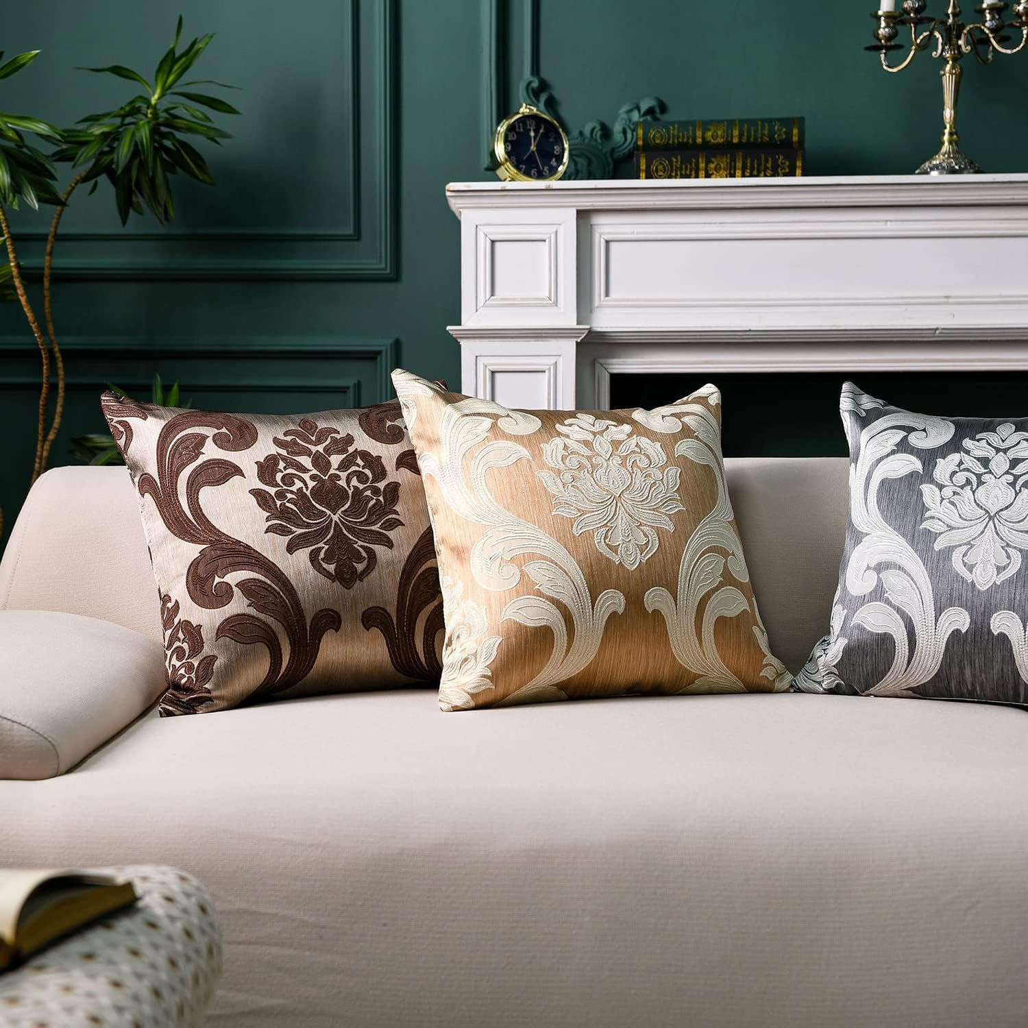 NAPEARL Throw Pillow Covers-Set of 2 Brown Beige Damask Jacquard Patterns, Luxury Satin Decorative Pillowcase for Couch, Sofa, Bed…