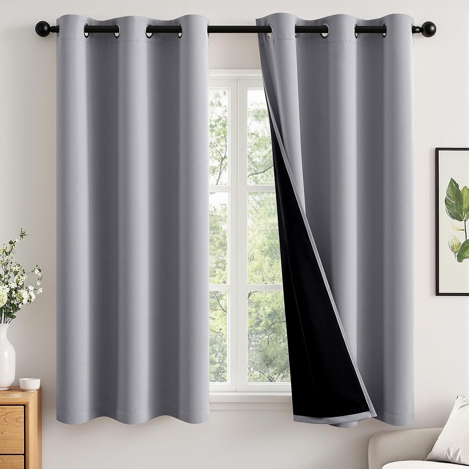 Miulee Light Grey 100% Blackout Curtains for Bedroom 63 Inch Long, 2 Thick Layers Thermal Insulated Black Out Window Curtains with Black Li…