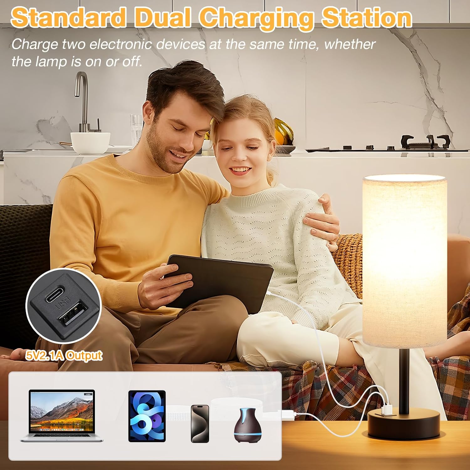 Dicoool Beige Touch Lamp for Bedroom with USB - 3 Way Dimmable Table Lamp for Nightstand, Small Lamp with Black Charging Station for Desk…
