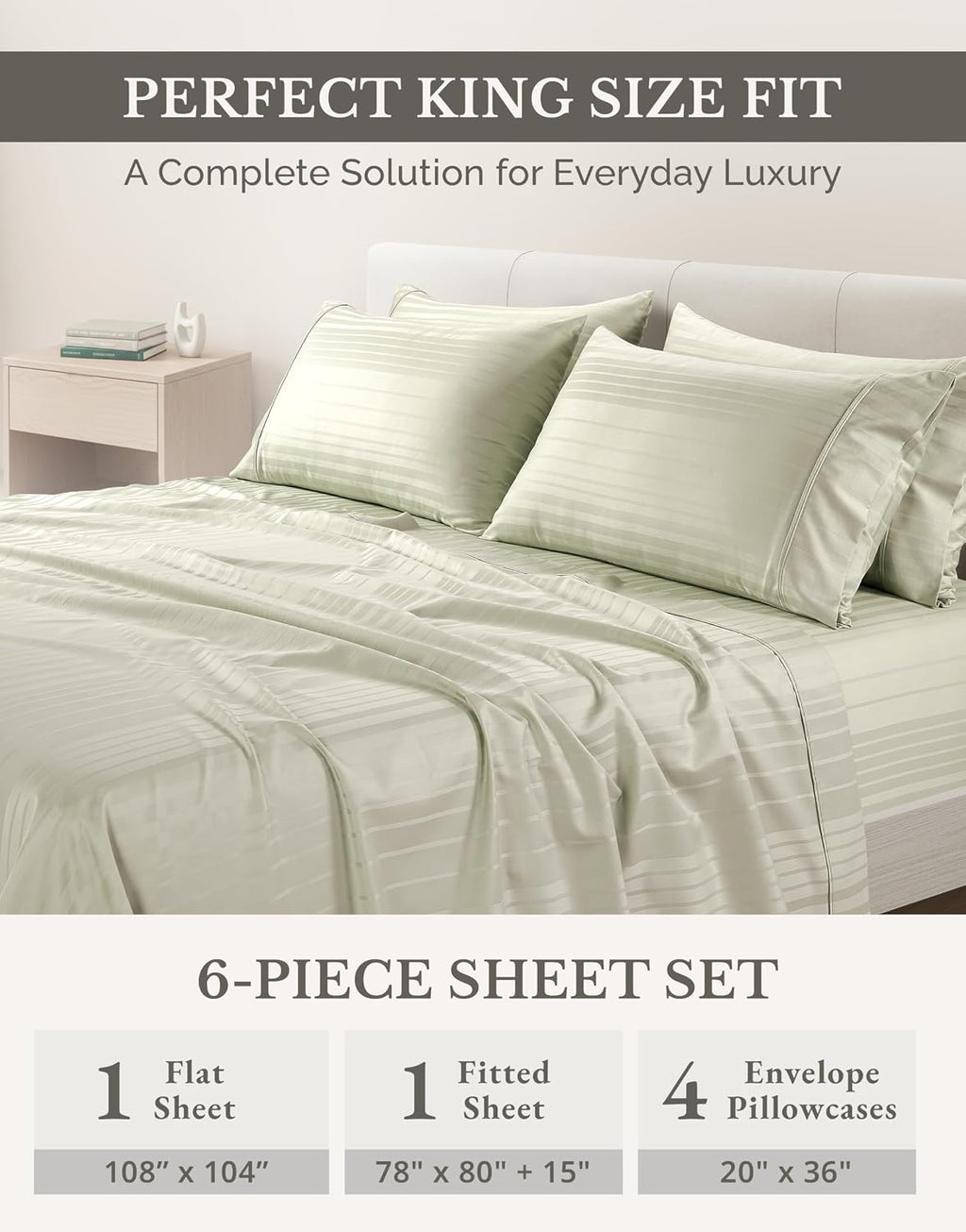 Casa Platino 100% Cotton Sheets King Size Set - 6 Pcs (1 Flat, 1 Fitted, 4 Pillowcases) - Striped 500 TC - Ultra Smooth Sateen Weave Bed…