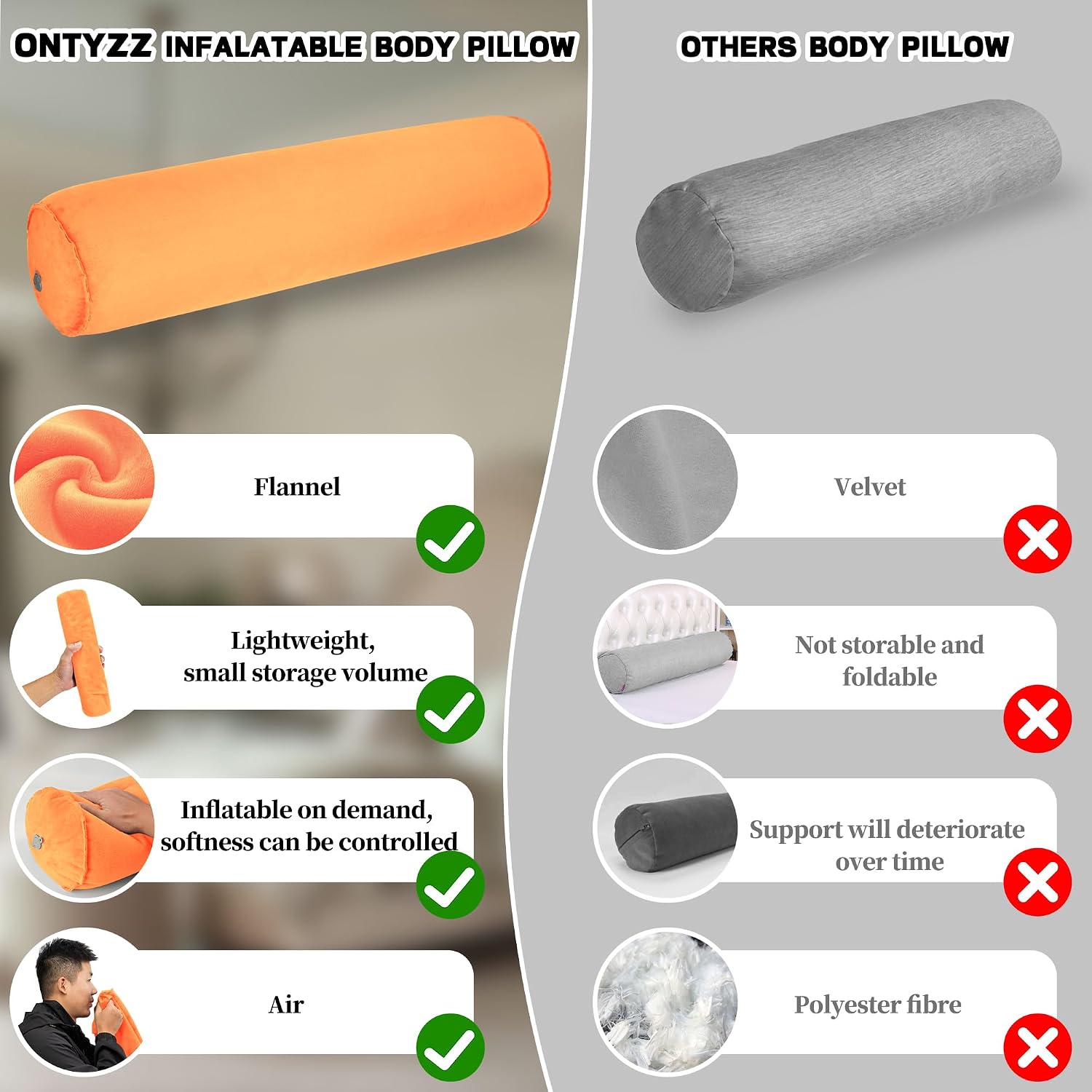 ONTYZZ Inflatable Long Body Pillow, Long Pillow for Bed, Oval Bolster Pillow for Good Sleeping and Back/Neck Support, 2pcs Orange
