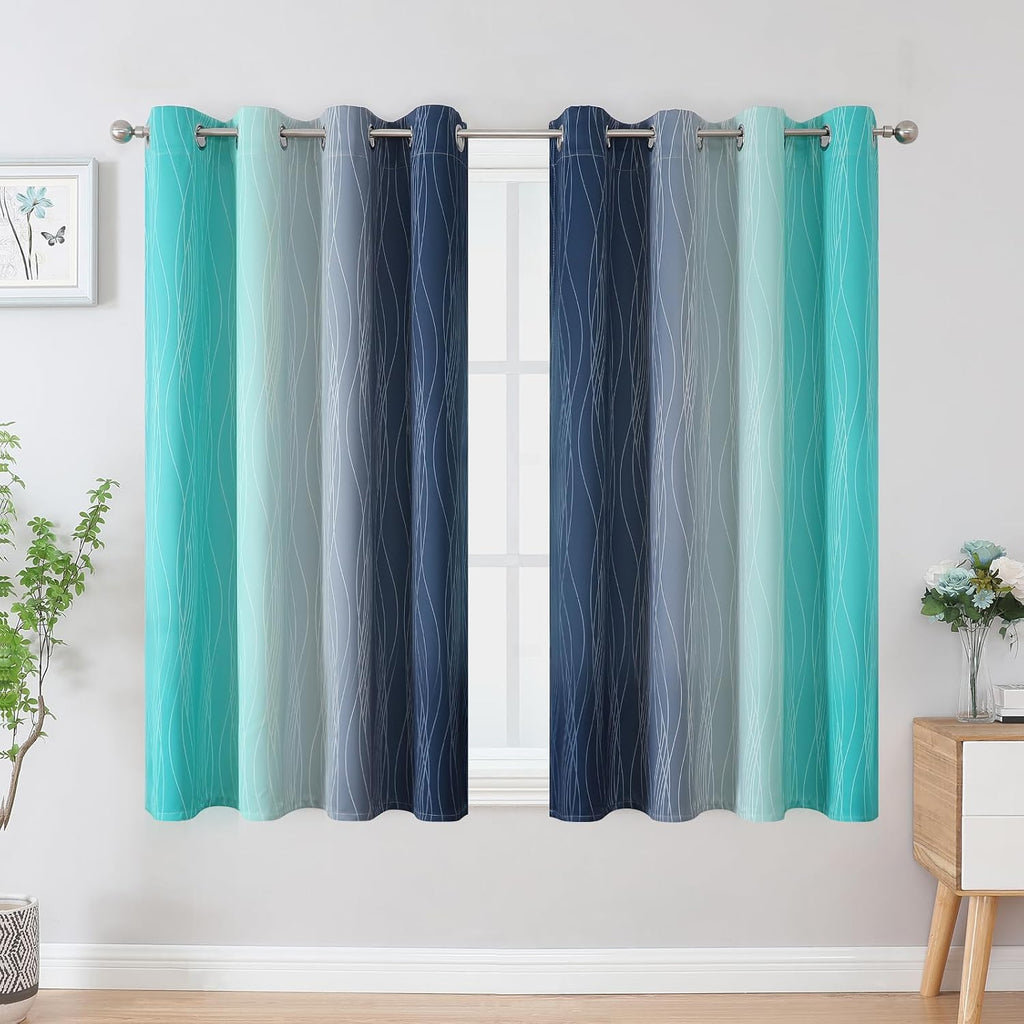 Estelartextiler Estelar Textiler Navy Blue and Teal Blackout Curtains 54 Inch Length, Full Light Blocking Gradient Grommet Drapes for Livin…
