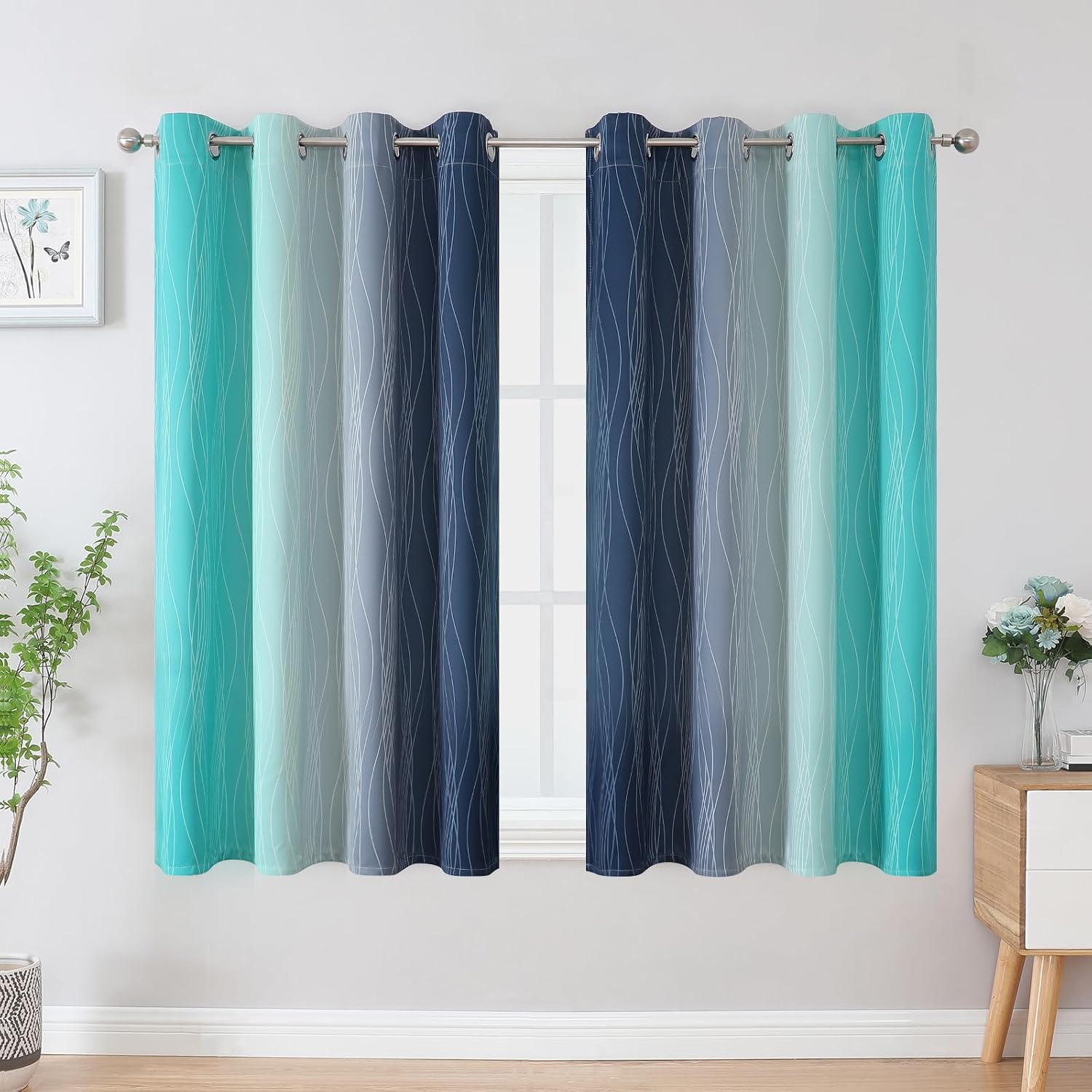 Estelartextiler Estelar Textiler Navy Blue and Teal Blackout Curtains 54 Inch Length, Full Light Blocking Gradient Grommet Drapes for Livin…