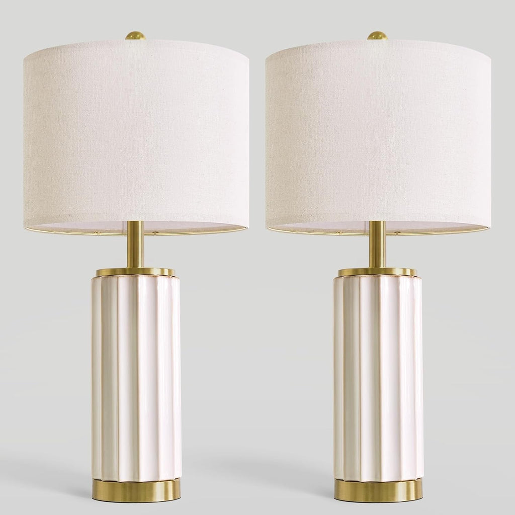 USumkky 25.75" Off-White Ceramic Table Lamp Set of 2, Mid Century Modern Bedside Nightstand Lamps for Bedroom Living Room, Linen Shade &…