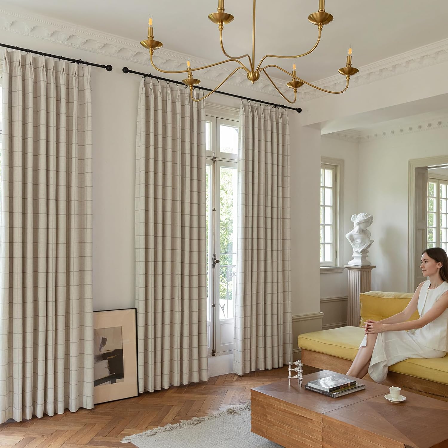 Threegirlshome THREE GIRLS Pinch Pleated Plaid Curtains Blackout Linen Gingham Curtains for Living Room, Bedroom Checkered Patterned Insulat…