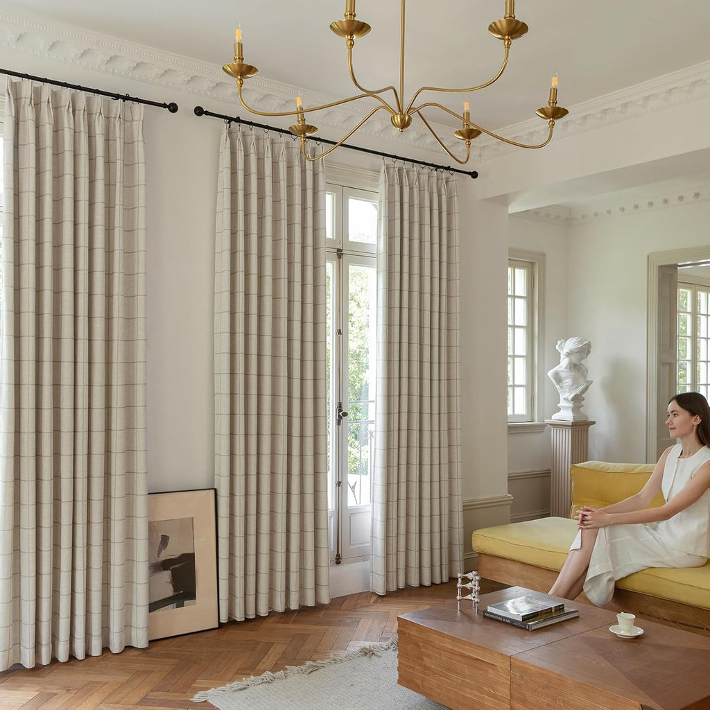 Threegirlshome THREE GIRLS Linen Plaid Blackout Curtains for Living Room, Bedroom, Dining Room 95 Inches Long Gingham Double Layer 2 Panels S…