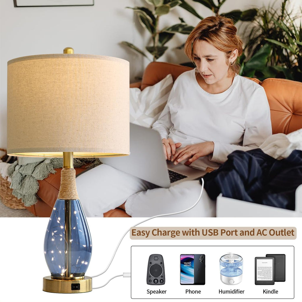 OYEARS 23" Table Lamps for Living Room Set of 2 Bedside Lamps for Night Stands Bedroom Lamps Farmhouse Rattan Boho Lamp Glass Nightlight…