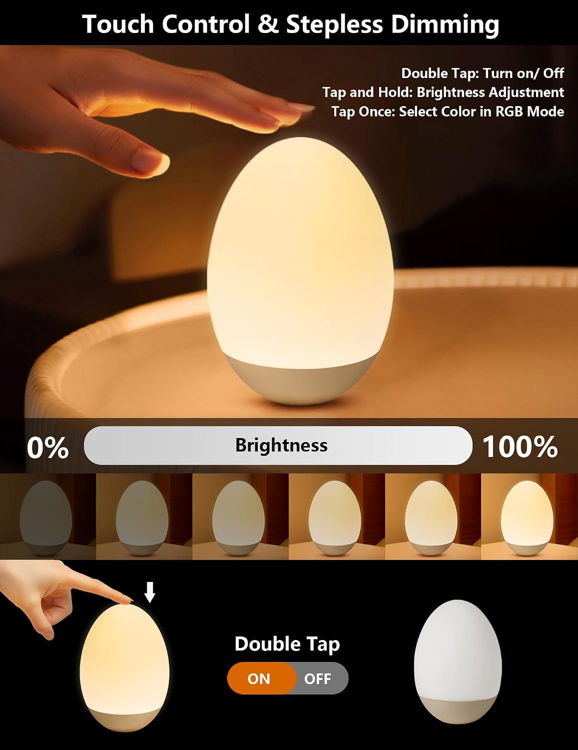Nickluc Egg Night Light for Nursery: Baby Night Lights Tap Lamp Stepless Dimming with Warm White and 7 RGB Colors Rechargeable Portable for…