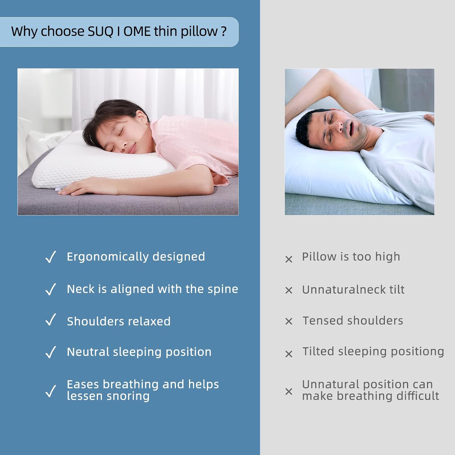 Suqiome SUQ I OME Sleeper - Ultra Thin Flat Pillows for Sleeping, Cooling Gel Infused Memory Foam Pillow 2.2 inch Height Ultra Thin Pi…