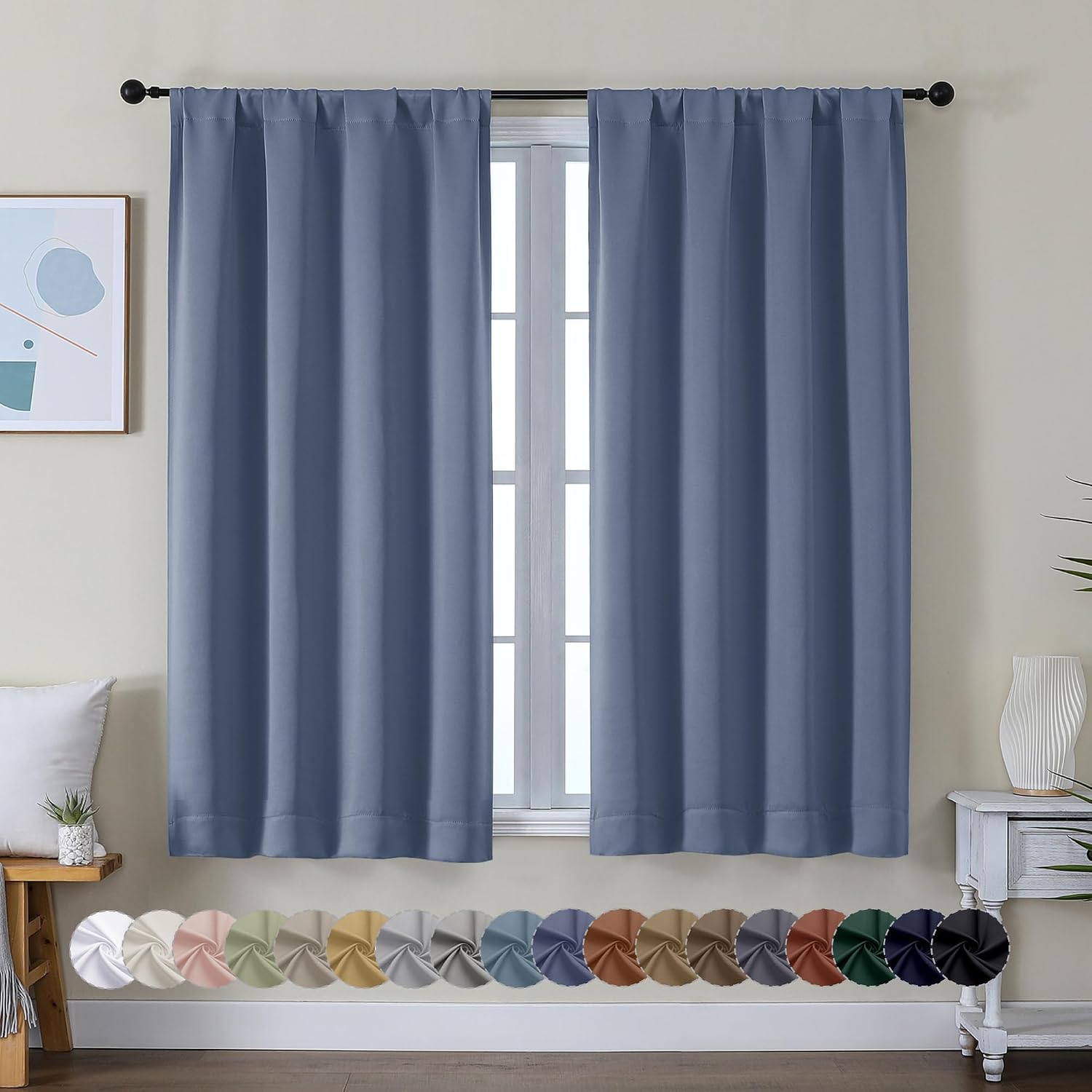 Simplebrand Ava Denim Blue Short Blackout Curtains for Bedroom 54 Inches Long 2 Panels Set, Solid Thermal Insulated, Energy Saving Window T…