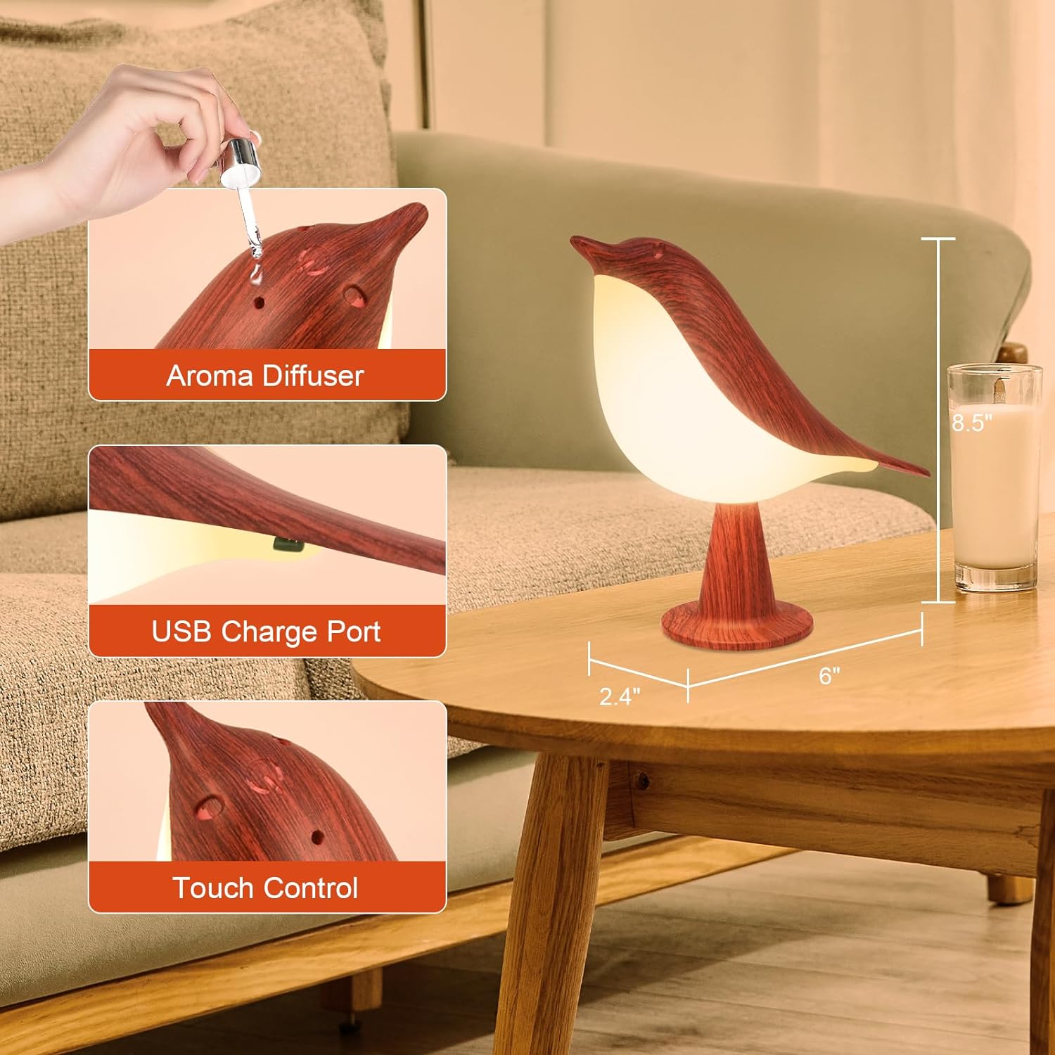Deogos Small Desk Lamp, Bird Bedside Light with 3 Color Temperature and Touch Sensor, Cordless Kids Night Light, Rechargeable Battery for…