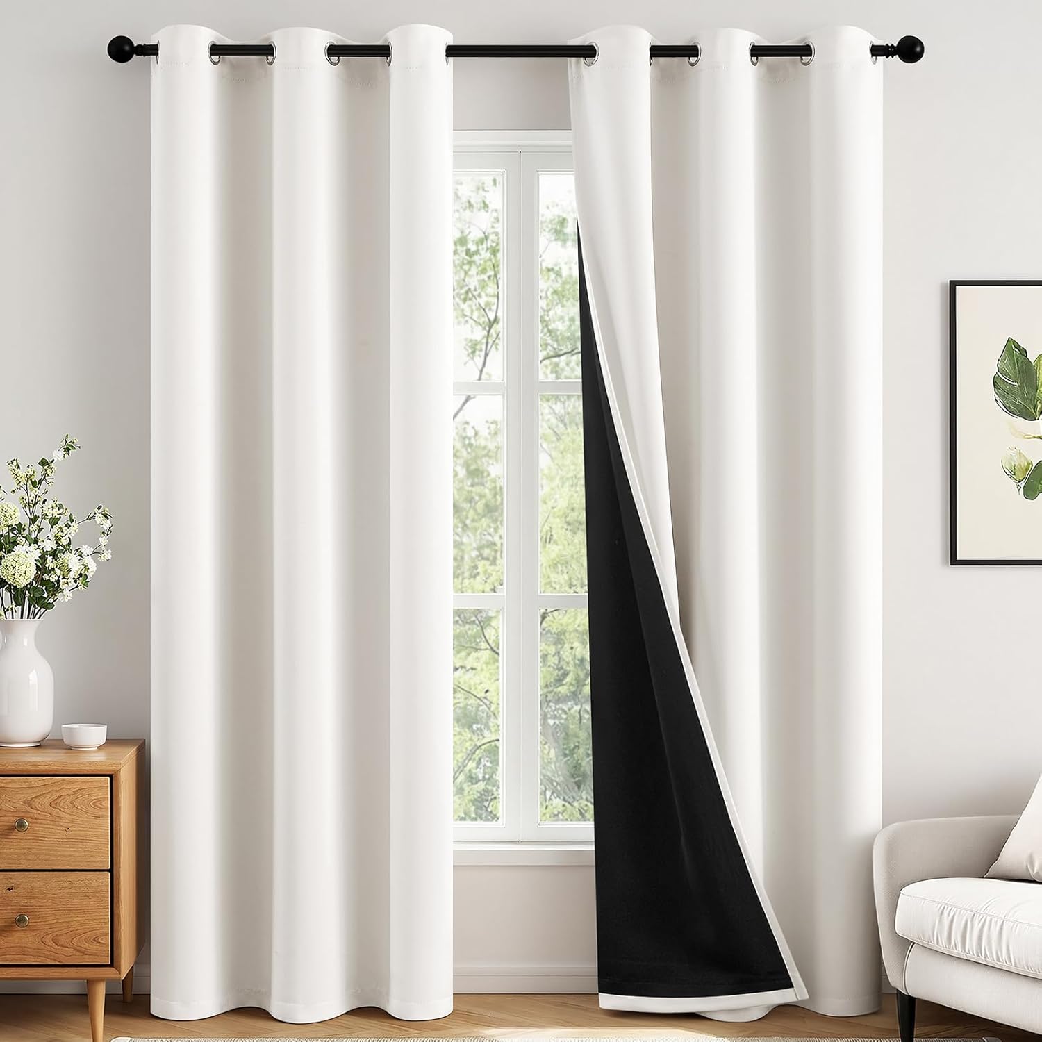 Miulee Ivory 100% Blackout Curtains for Bedroom 90 Inch Long, 2 Thick Layers Thermal Insulated Black Out Window Curtains with Black Liner,…