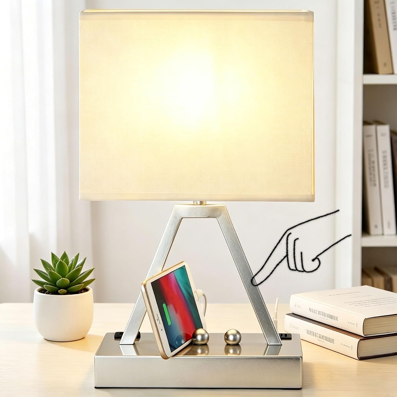 Briever Touch Control Table Lamp, 3-Way Dimmable Desk Lamp with USB C & A and AC Outlet, Bedside Lamp with Phone Stand and Fabric Shade for…