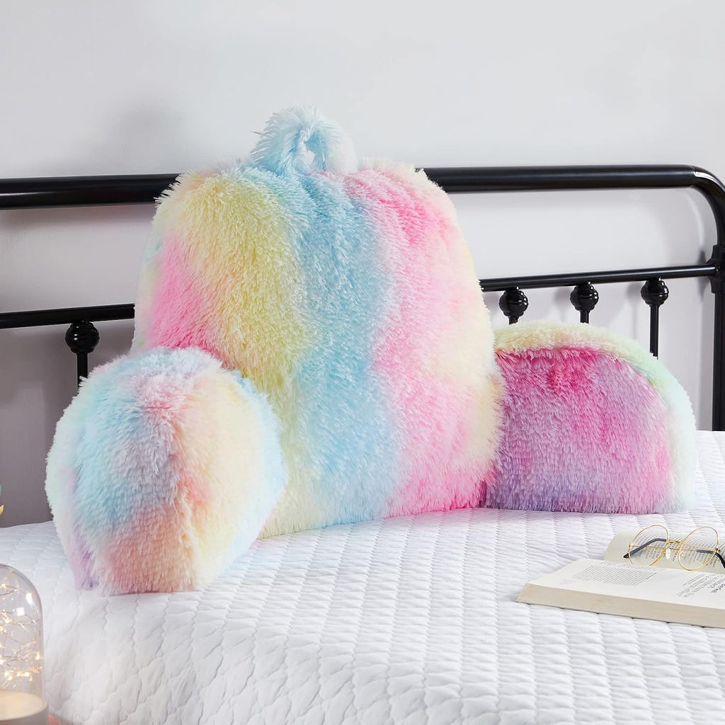 Bedriping Reading Pillow for Bed - Faux Fur Backrest Pillow with Arms, Reading & Bed Rest Pillows Rainbow Colors, Fluffy Sit Up Pillow, Stu…