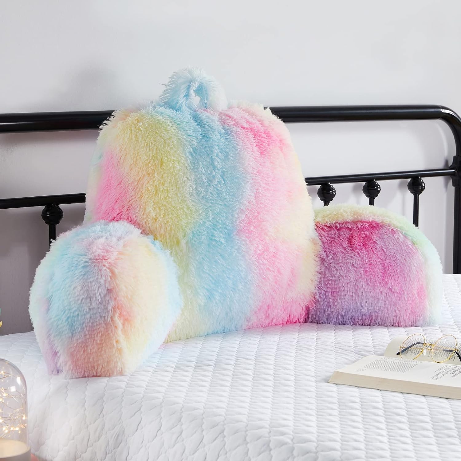 Bedriping Reading Pillow for Bed - Faux Fur Backrest Pillow with Arms, Reading & Bed Rest Pillows Rainbow Colors, Fluffy Sit Up Pillow, Stu…
