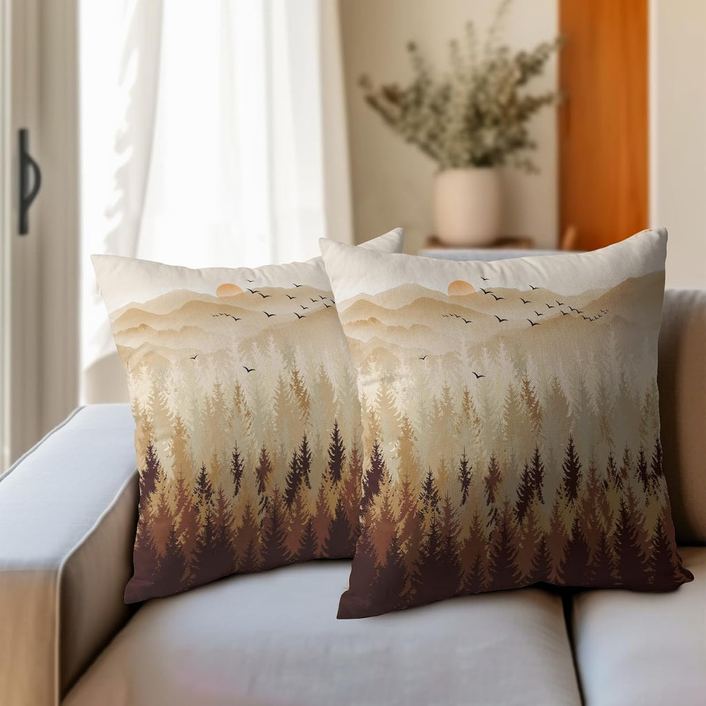 Fall Misty Forest Throw Pillow Covers 20x20 Inch Set of 2 Brown Mountain Woodland Decorative Pillow Cases Nature Pine Trees Farmhouse…