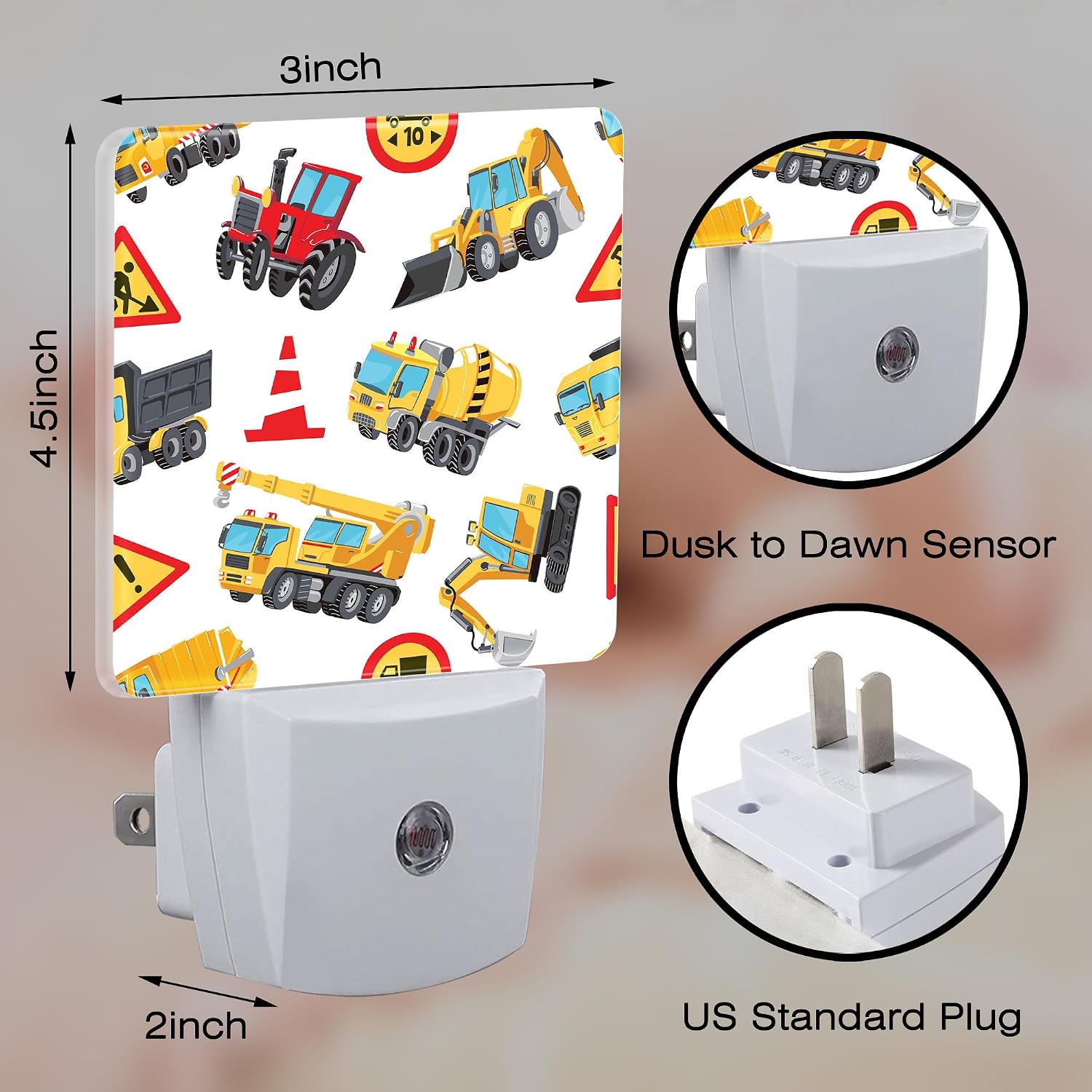 Cartoon Construction Vehicles Building Machines Night Light for Kids, Colorful Trucks Cars and Road Signs Night Light Plug in with Dusk to…