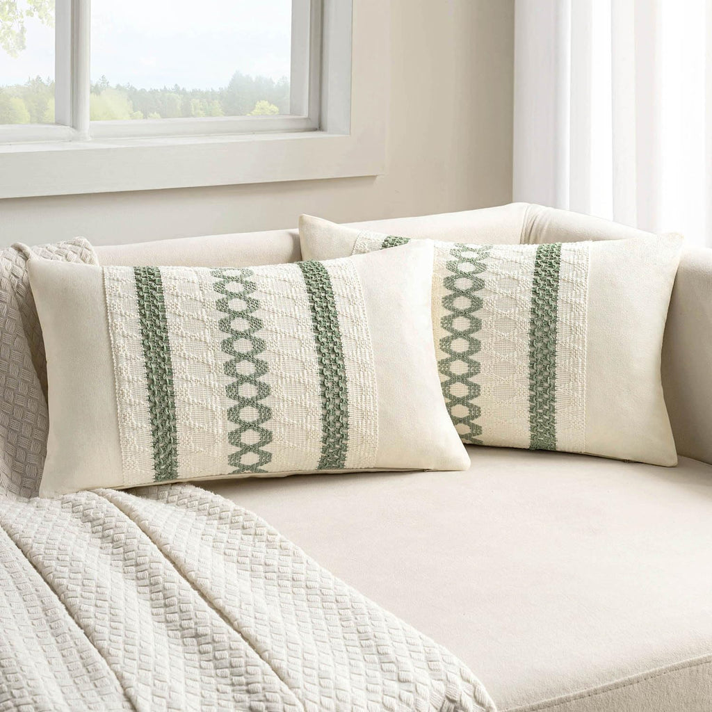 MIULEE Set of 2 Sage Green Boho Decorative Lumbar Pillow Covers 12x20 Inch Farmhouse Rustic Couch Throw Pillows Modern Summer Cushion…