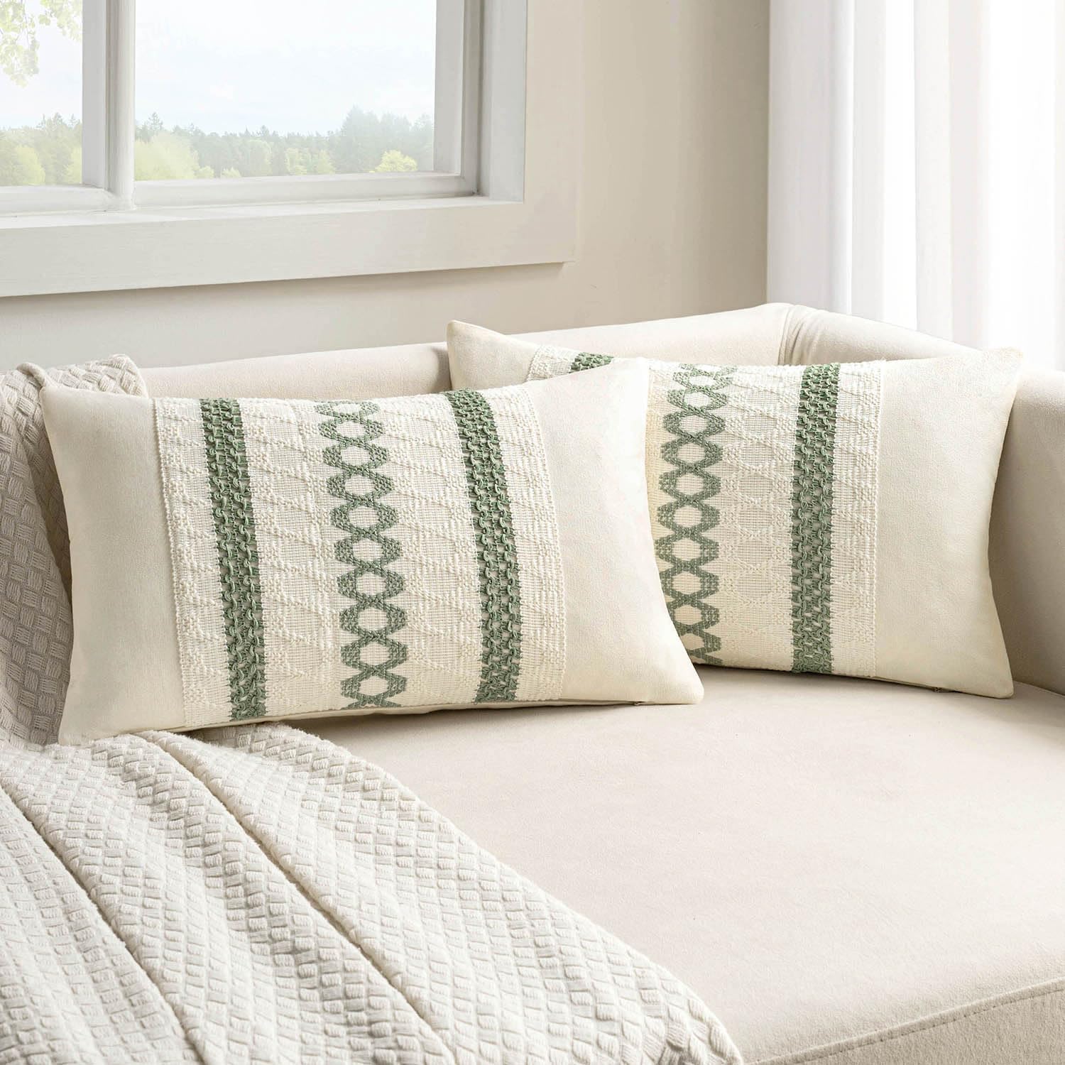 MIULEE Set of 2 Sage Green Boho Decorative Lumbar Pillow Covers 12x20 Inch Farmhouse Rustic Couch Throw Pillows Modern Summer Cushion…