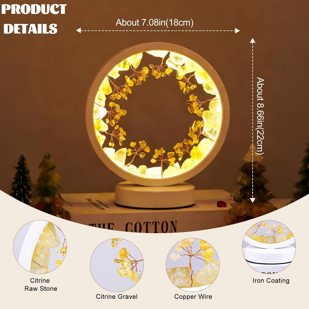 Runyangshi Natural Crystal Citrine Small Tree Round White Frame Tri-Color Ambient Light Home Decoration Night Light Healing Decor Gift