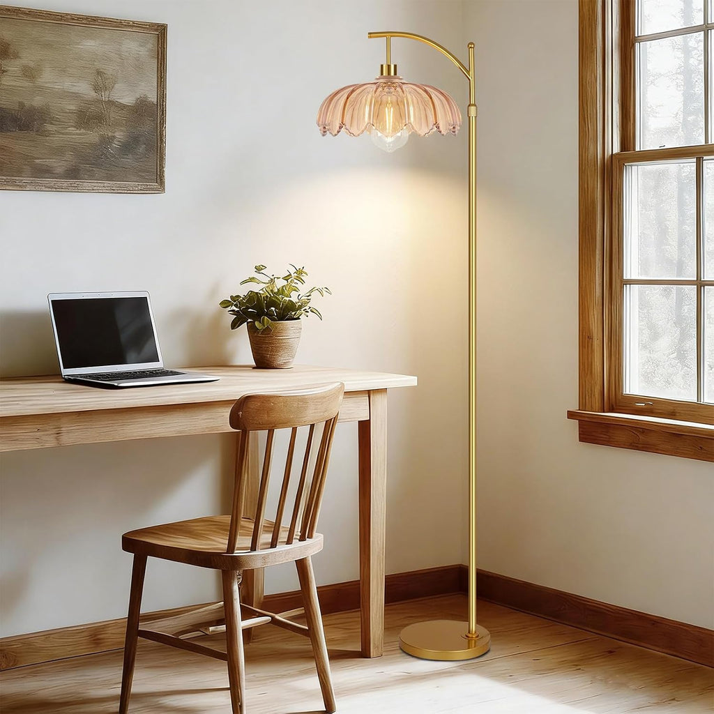 QIYIZM Glass Floor Lamp for Living Room, Bedroom, Gold Dimmable Standing Lamp with Remote, Mid Century Modern Brass Tall Lamp Boho Floor…