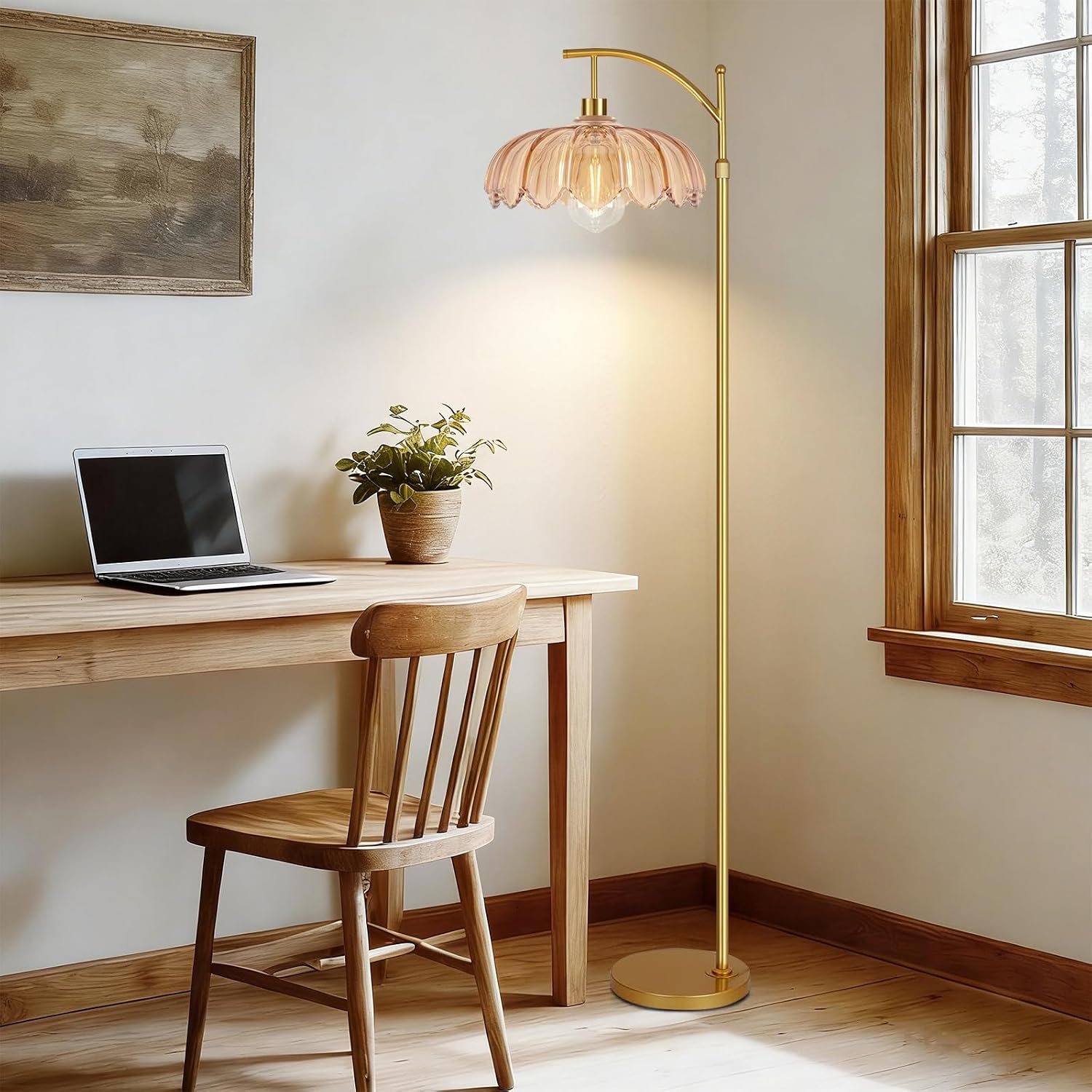QIYIZM Glass Floor Lamp for Living Room, Bedroom, Gold Dimmable Standing Lamp with Remote, Mid Century Modern Brass Tall Lamp Boho Floor…