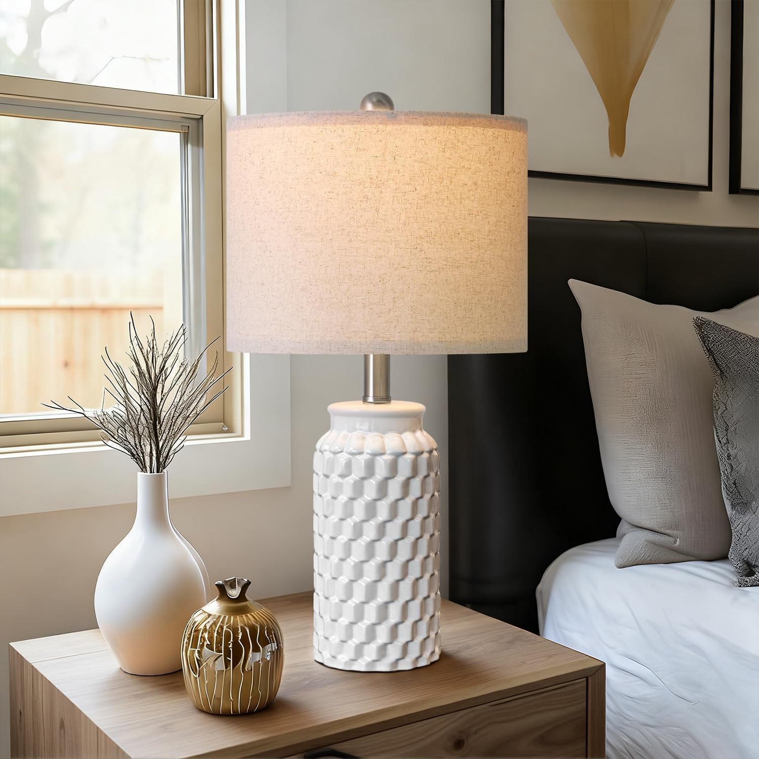 USumkky 20.5" White Modern Ceramic Bedside Lamps Set of 2, Small Table Lamp for Bedroom Decor Farmhouse Nightstand Lamp for Living Room…