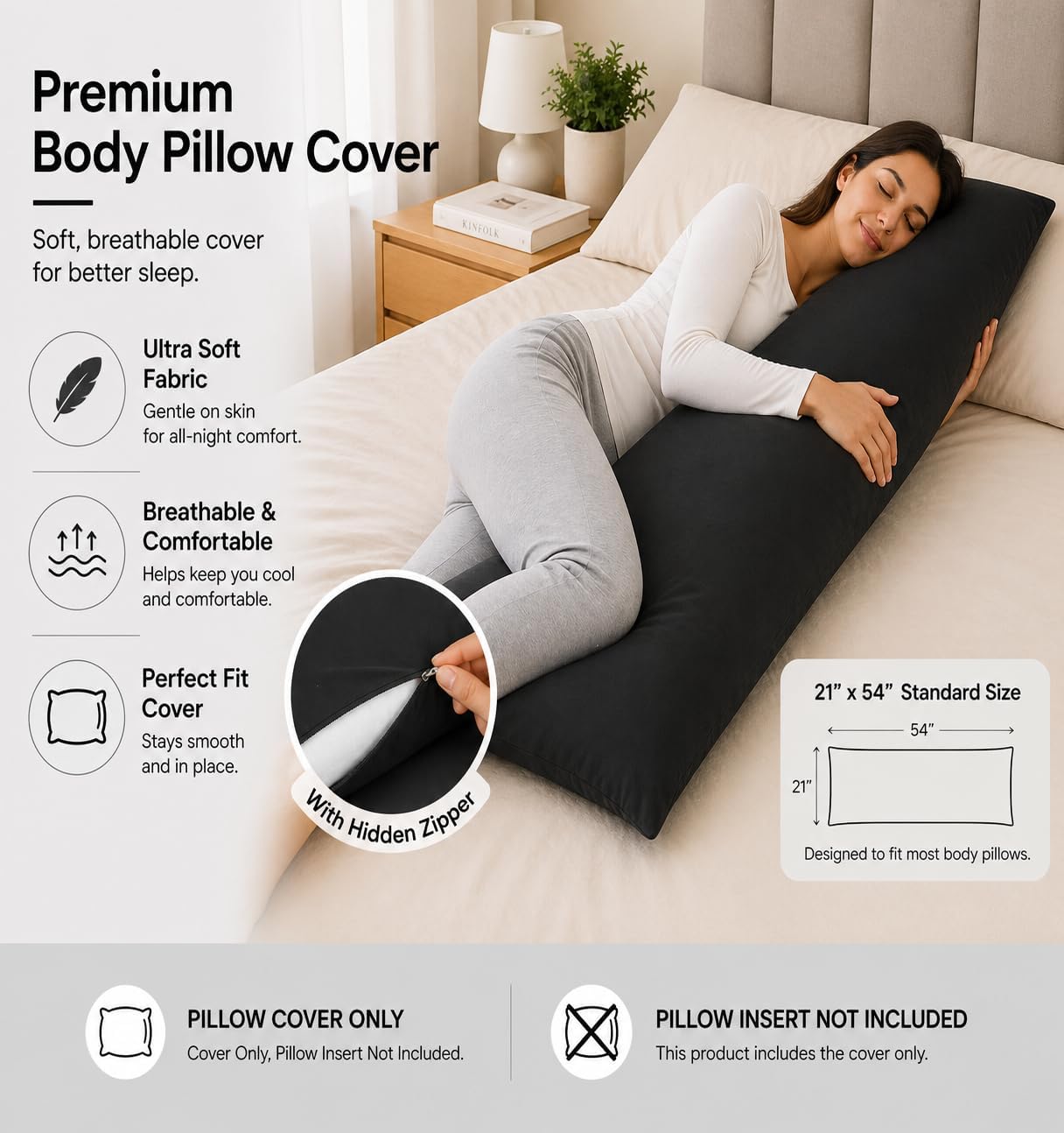 EVOLIVE Ultra Soft Body Pillow Cover 21"x54", Cozy Microfiber Pillowcase with Hidden Zipper, Breathable, Perfect for Pregnancy & Side…