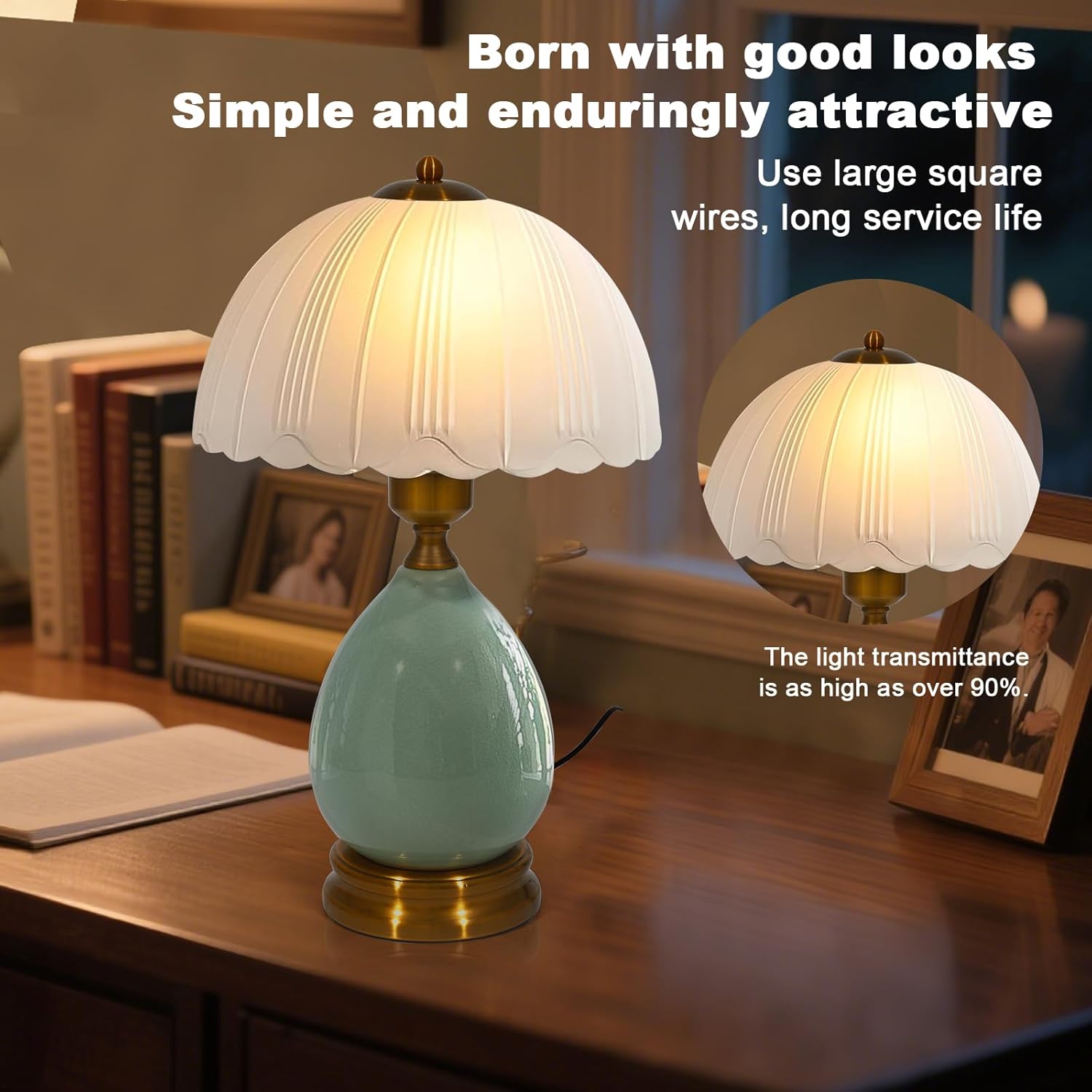 Table Lamps Ceramic Retro Lamp for Living Room,16.73" Modern Bedside Nightstand Traditional Lamps, Classic Chinoiserie Green Glass Lamp…