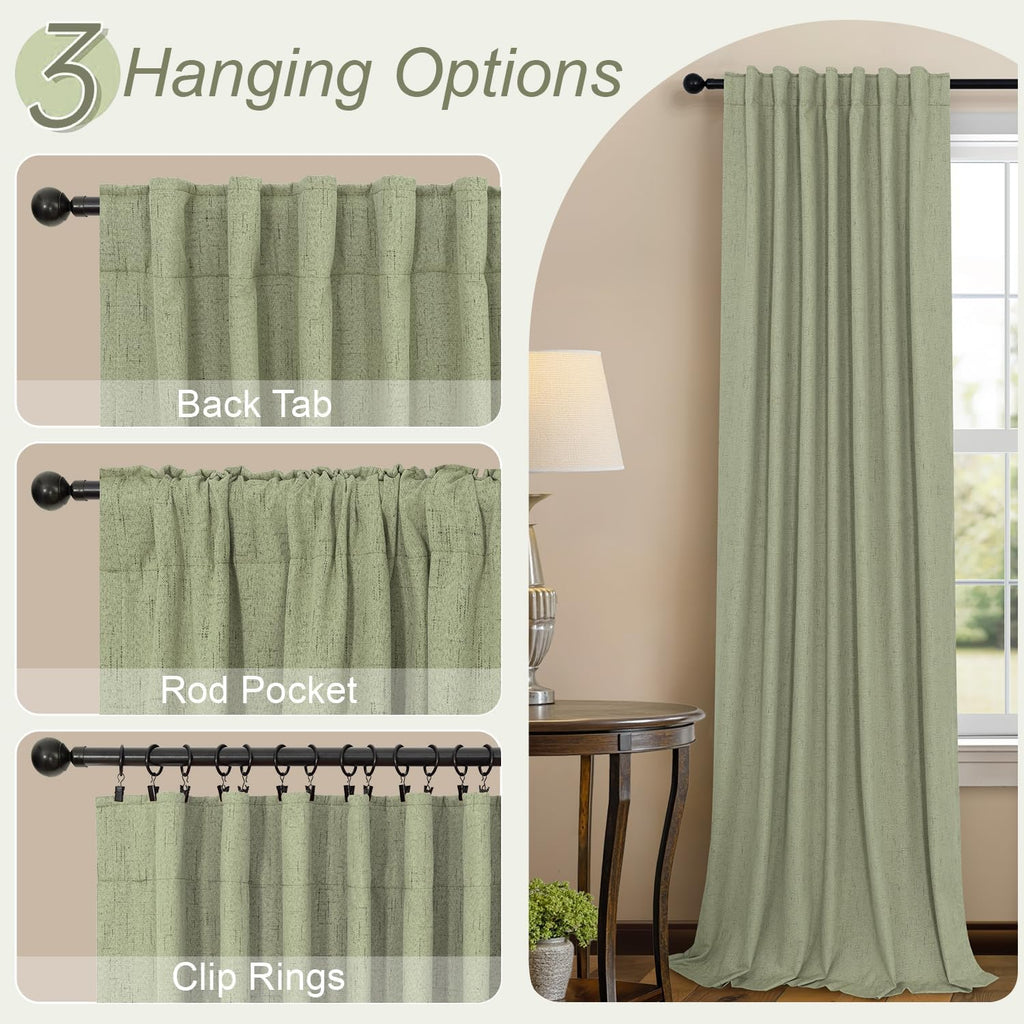 Pitalk Sage Green Room Darkening Curtains for Bedroom 108 Inch Extra Long 2 Panels Black Out Dark Academia Decor Linen Textured Blocking Li…