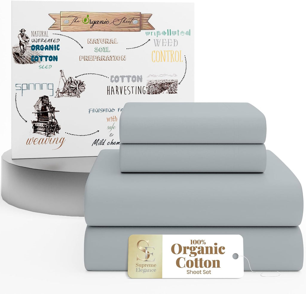SupremeElegence SUPREME ELEGANCE 4Pc 100% Organic Cotton Queen Sheets Set, Soft Silver, Cooling Percale, Deep Pocket Fitted Sheet, Fits Mat…