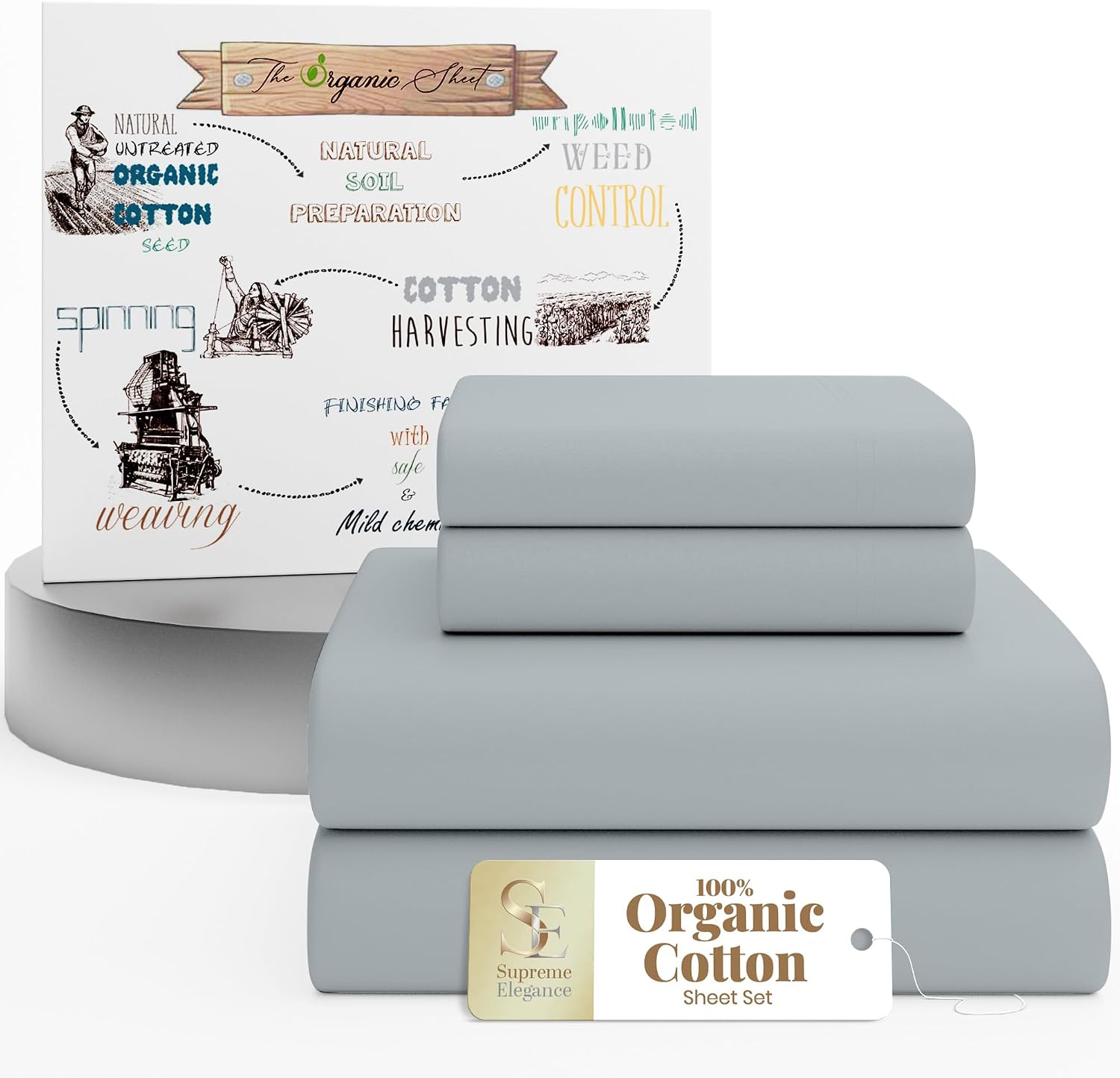 SupremeElegence SUPREME ELEGANCE 4Pc 100% Organic Cotton Full Size Sheets Set, Soft Silver, Cooling Percale, Deep Pocket Fitted Sheet, Fits…