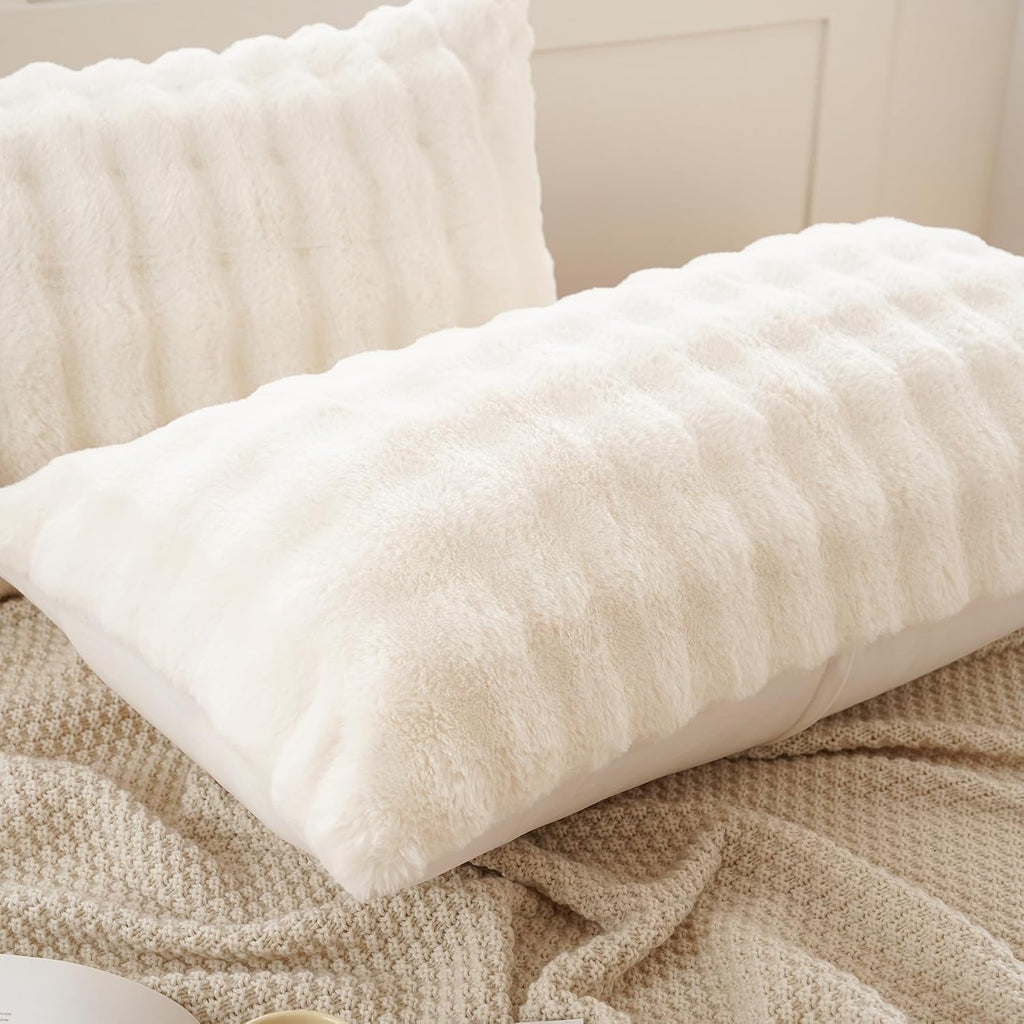 Uhamho Set of 2 Faux Fur Pillowcases, Luxury Bubble Waffle Carved Plush Standard Size Pillow Shams Soft and Furry, Zipper Closure (Beige, 2…