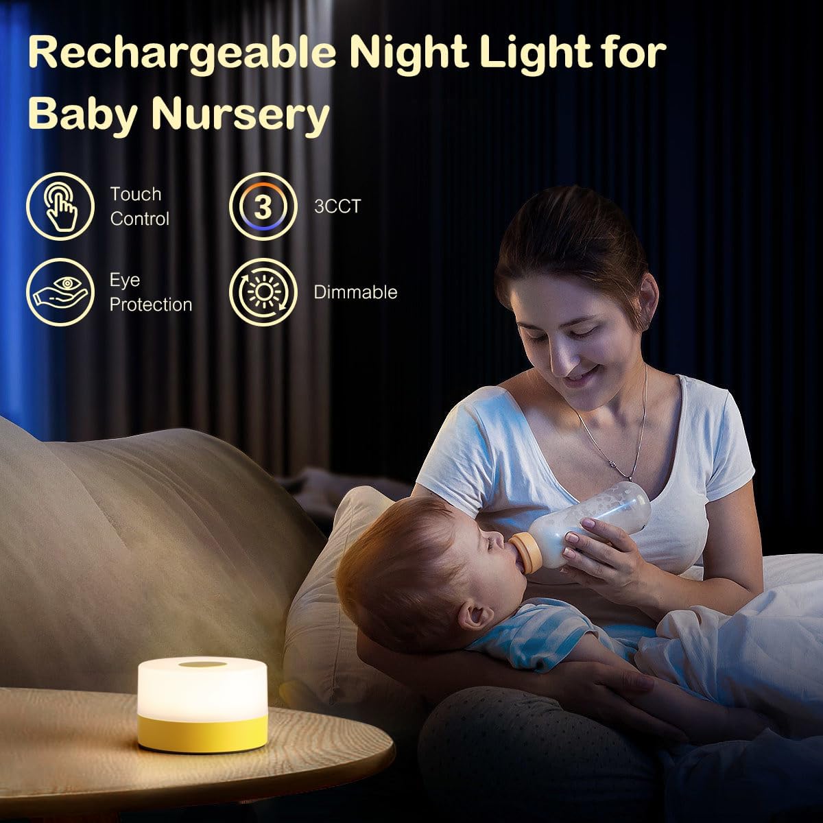 JUSHENG Night Light for Baby Nursery, USB Rechargeable Touch Lamp for Bedroom Nightstand with 3CCT & Dimming Function LED Battery…