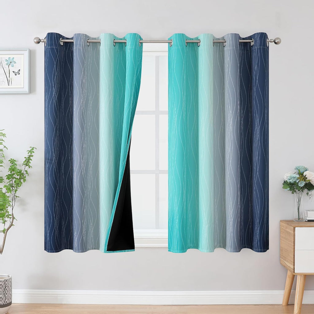 Estelartextiler Estelar Textiler Navy Blue and Teal Blackout Curtains 54 Inch Length, Full Light Blocking Gradient Grommet Drapes for Livin…